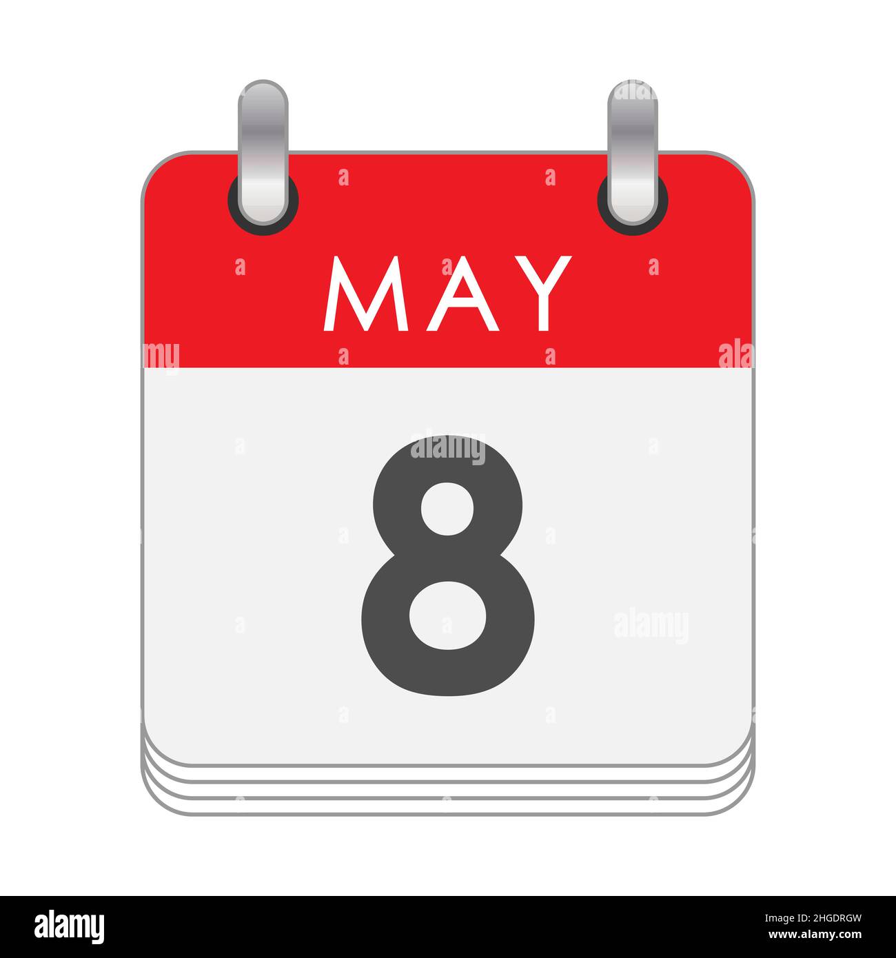 Maggio 8. Una foglia del calendario flip con la data del 8 maggio. Stile piatto. Illustrazione Vettoriale