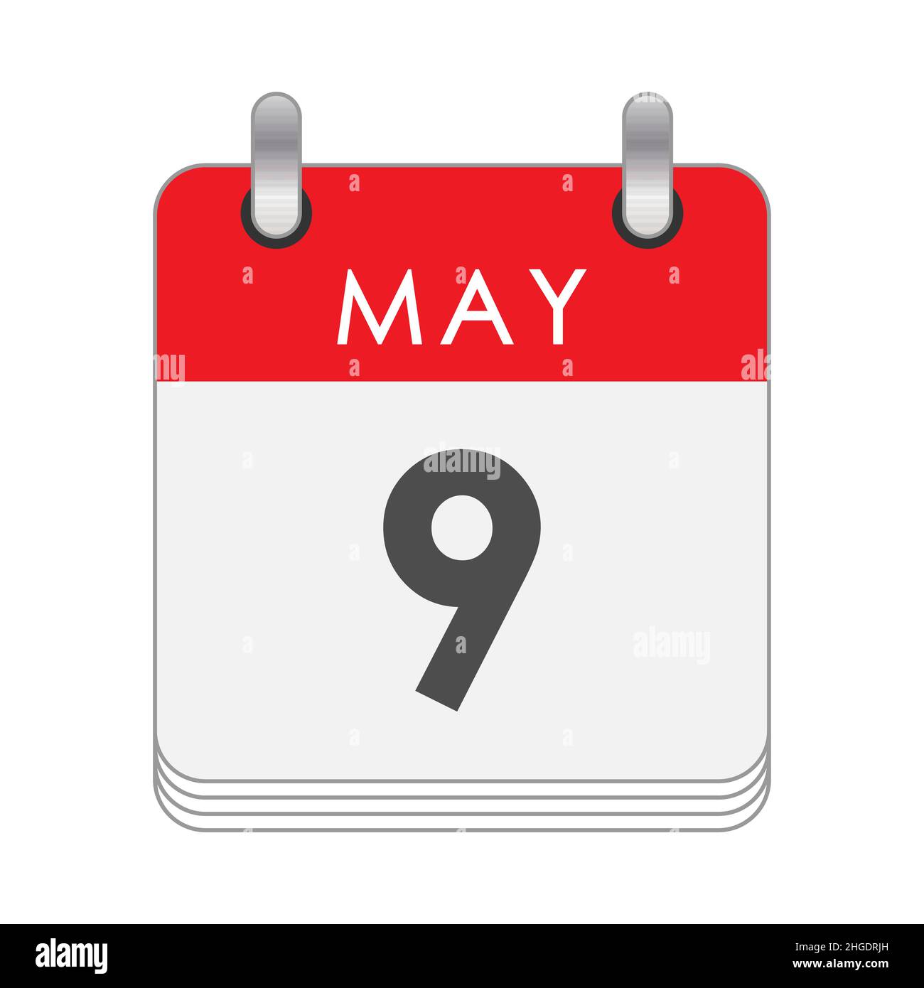 Maggio 9. Una foglia del calendario flip con la data del 9 maggio. Stile piatto. Illustrazione Vettoriale