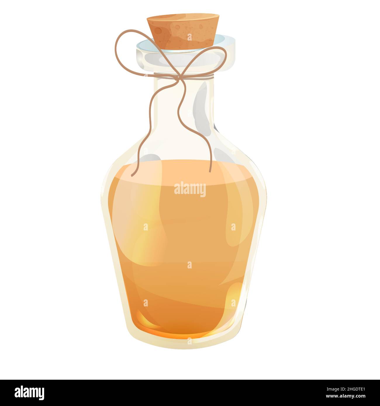 Olio di sandalo in bottiglia con sughero in legno e corda in stile cartone animato isolato su sfondo bianco. Ayurveda ingrediente di terapia. . Illustrazione vettoriale Illustrazione Vettoriale