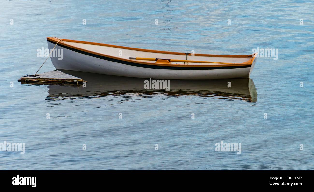 una barca a file legata nel porto Foto Stock