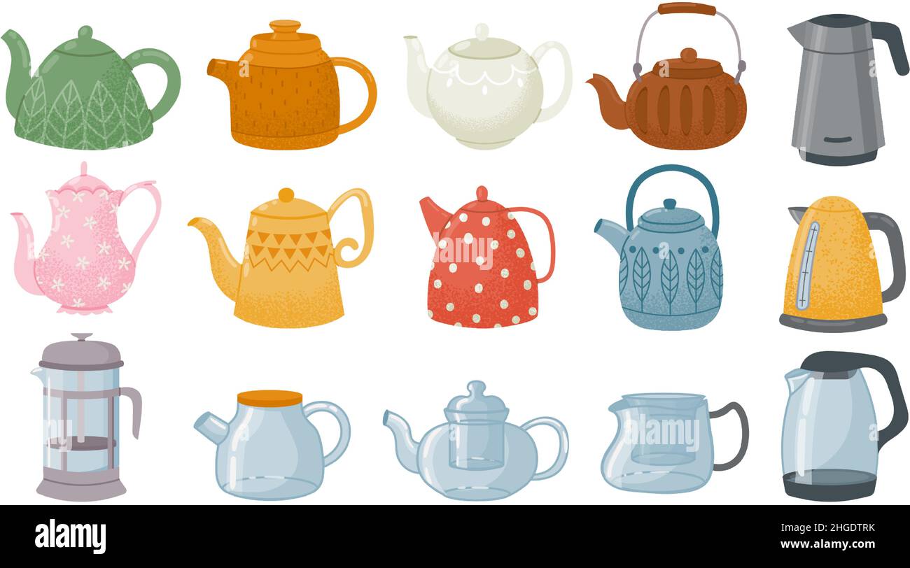 Cartoon decorativo in vetro e ceramica teiere, disegni bollitori. Stoviglie vintage, moderne e giapponesi per il tè. Set vettoriale teapot da cucina o caffè Illustrazione Vettoriale