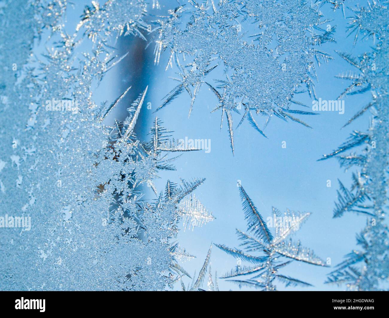 Motivi di cristallo frost sul vetro della finestra Foto Stock