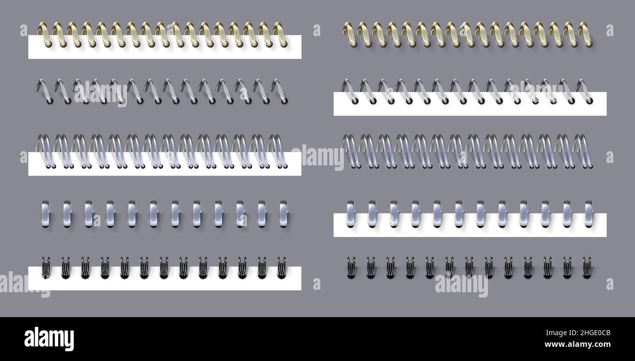 Rilegatori ad anello e a spirale in metallo realistici per notebook o calendari. 3D nero, acciaio e oro a molla o a spirale binding carta pagine set vettoriale Illustrazione Vettoriale