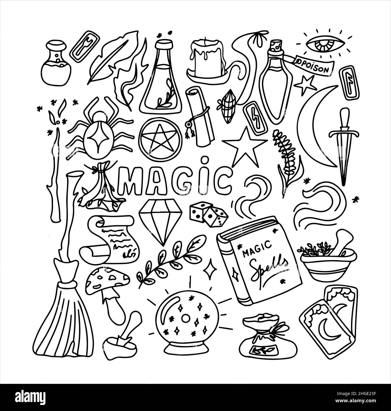 Set di scarabucini magici disegnati a mano. Icone vettoriali di oggetti magici. Collezione Halloween Elements. Scopa magica, pozioni, carte che raccontano fortuna, rune, libri Illustrazione Vettoriale