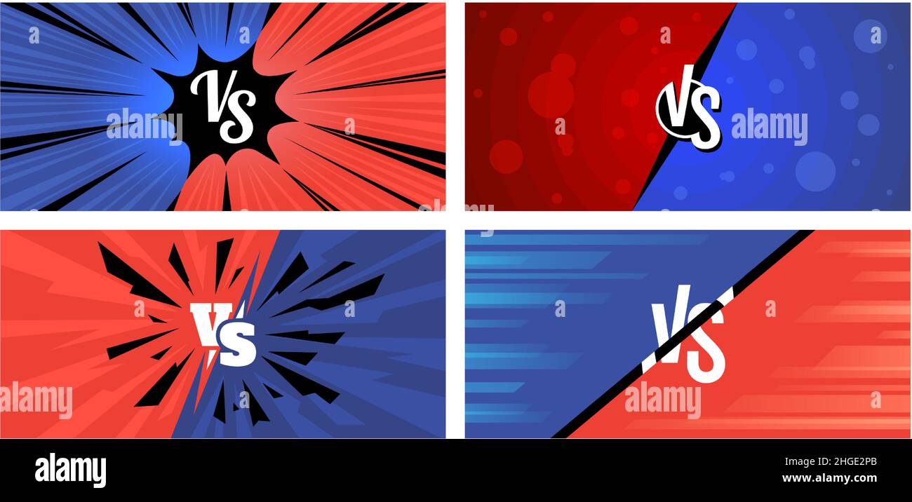 I fumetti Red Vs blu combattono lo sfondo, contro la battaglia con un fulmine. Scena di confronto concorrente di sport o giochi con set vettoriale effetto cartoon Illustrazione Vettoriale