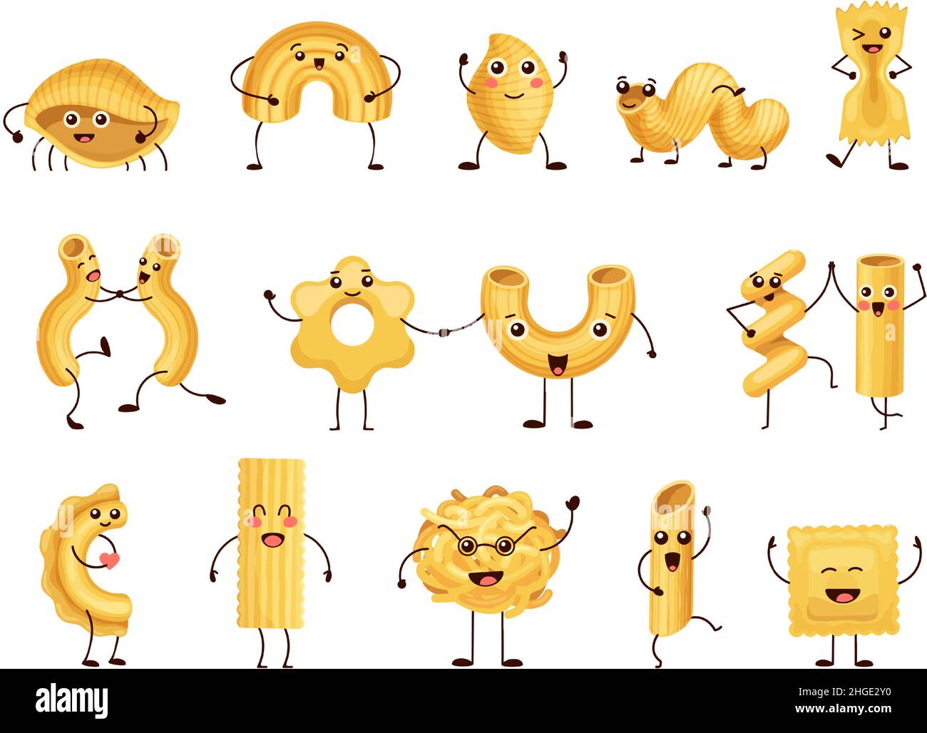 Fumetti divertenti personaggi di pasta, maccheroni mascotte emoji. Fumetto  spaghetti felici, penne e fusilli con viso, mani e gambe vettoriali  Immagine e Vettoriale - Alamy