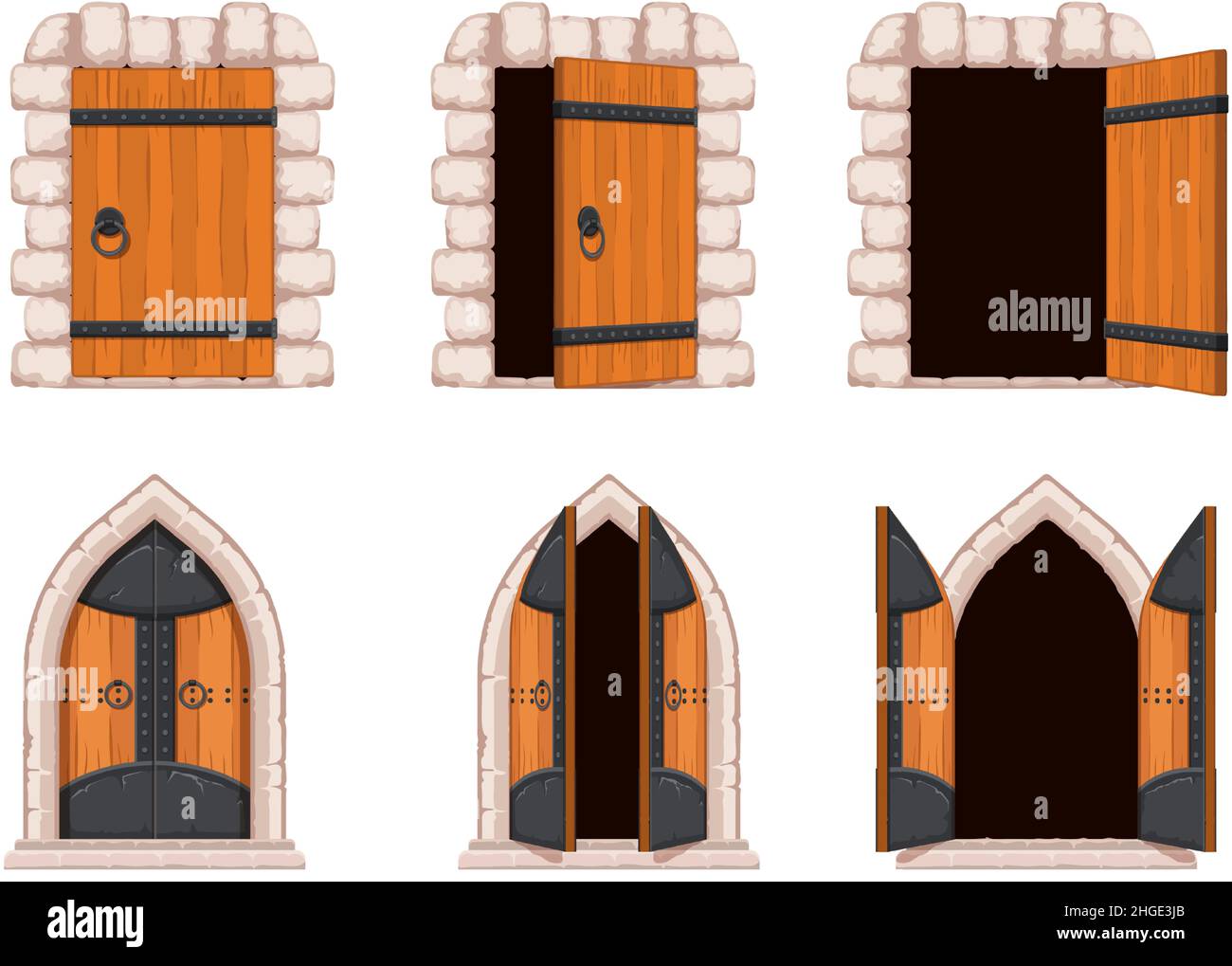 Cartoon aperto e chiuso medievale castello porta e prigione. Antiche porte in legno ad arco, ferro e pietra. Vecchio vettore d'ingresso della fortezza Illustrazione Vettoriale