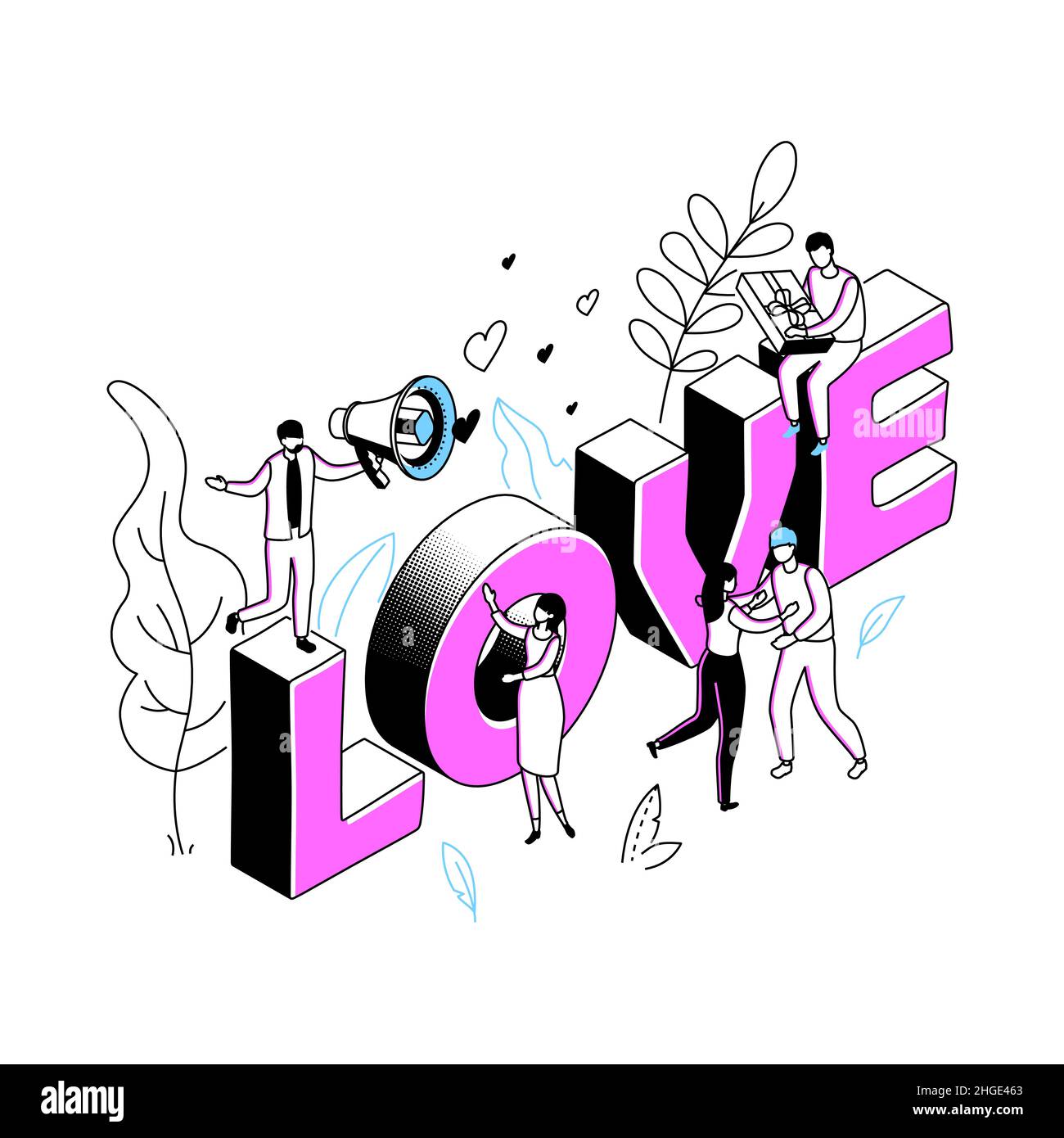 Valentines Day - linea moderna isometria disegno stile illustrazione dettagliata immagine con i caratteri maschili e femminili congratulandosi a vicenda il 14th Feb Illustrazione Vettoriale