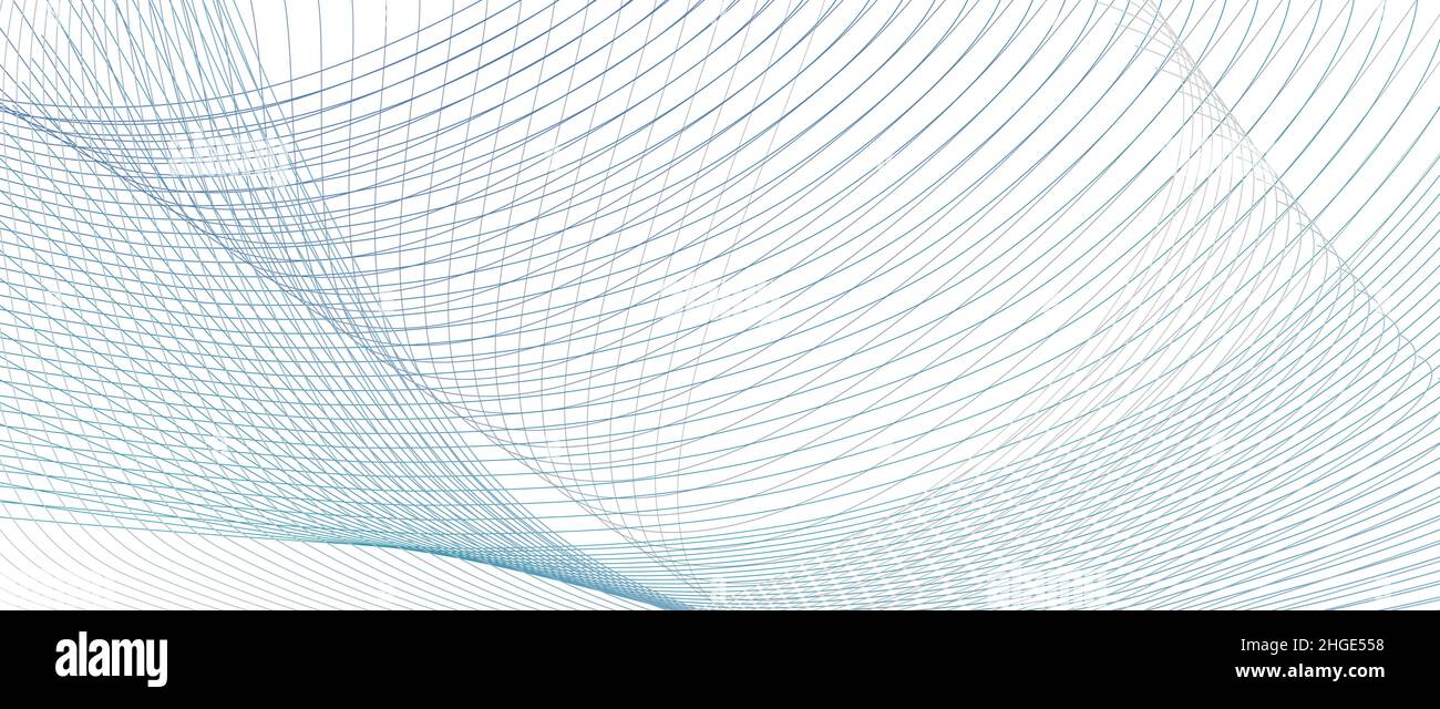 Motivo a righe d'arte blu, teale, grigio. Concetto di sistema di comunicazione. Linee intersecanti. Design astratto. Curve sottili vettoriali. Sfondo bianco. EPS10 Illustrazione Vettoriale