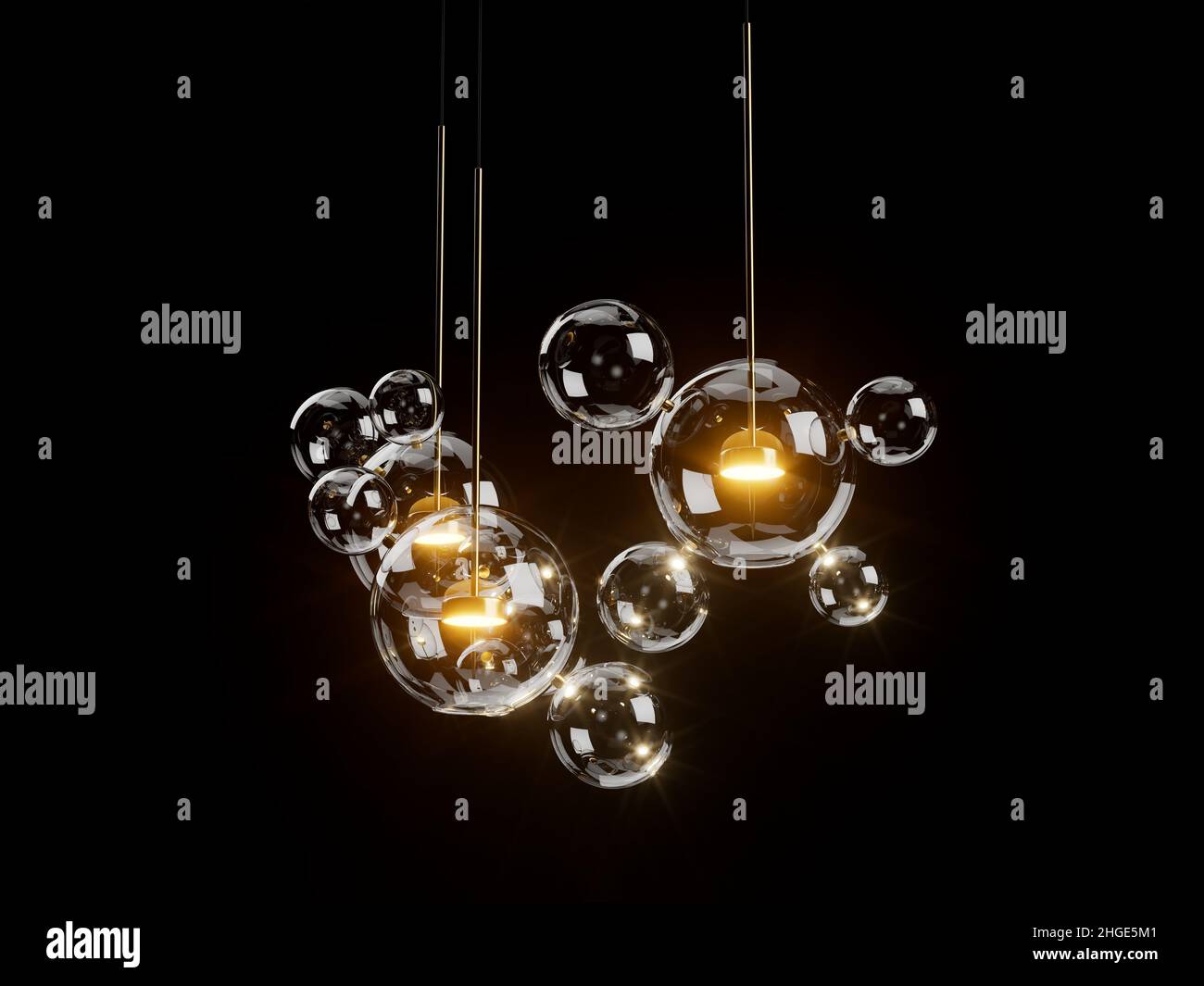 Lampadario moderno composto da diverse sfere di vetro di dimensioni diverse isolate su nero. 3d illustrazione Foto Stock