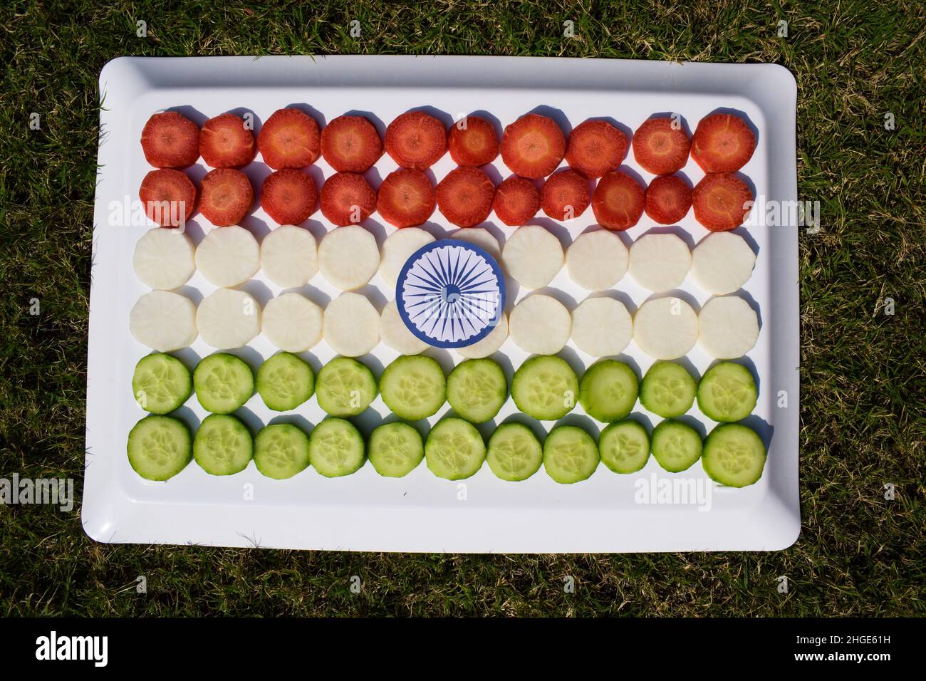 Repubblica giorno di india cibo tricolore concetto. Bandiera Inda tre colori raffigurati da carota, ravanello, cetriolo affettato con ashok chakra. Indipendente indiano Foto Stock