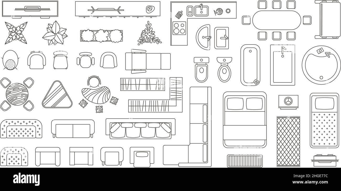 Casa piano mobili vista dall'alto icone linea. Appartamenti interni Blueprint mappa elementi. Tavolo, sedie, divano, bagno e set di WC vettoriali Illustrazione Vettoriale