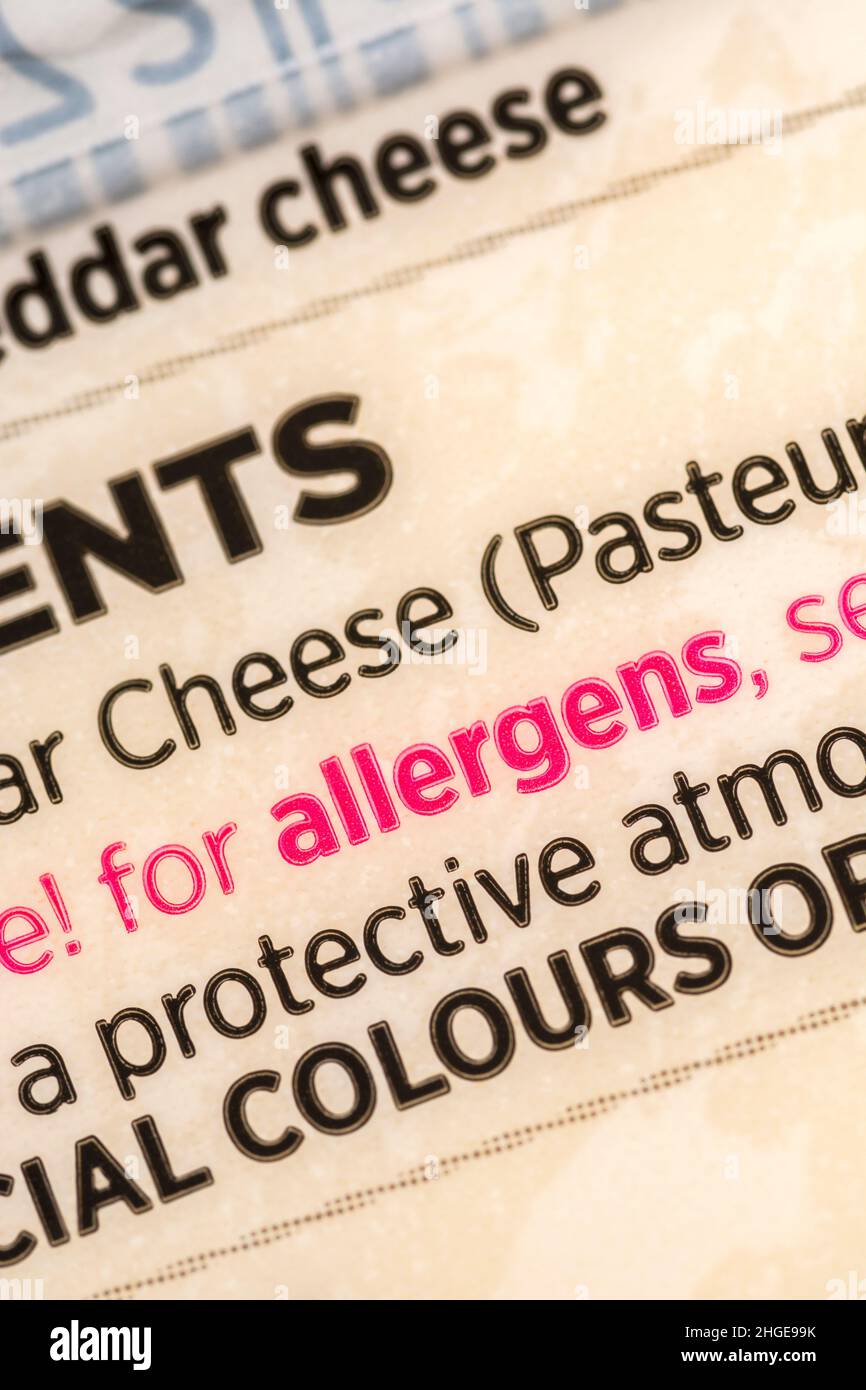 Macro close-up di formaggio di formaggio di cheddar ASDA ingredienti con Allergen avvertimento in rosso tipo. Per le allergie alimentari, e possibilmente senza latte dieta. Foto Stock