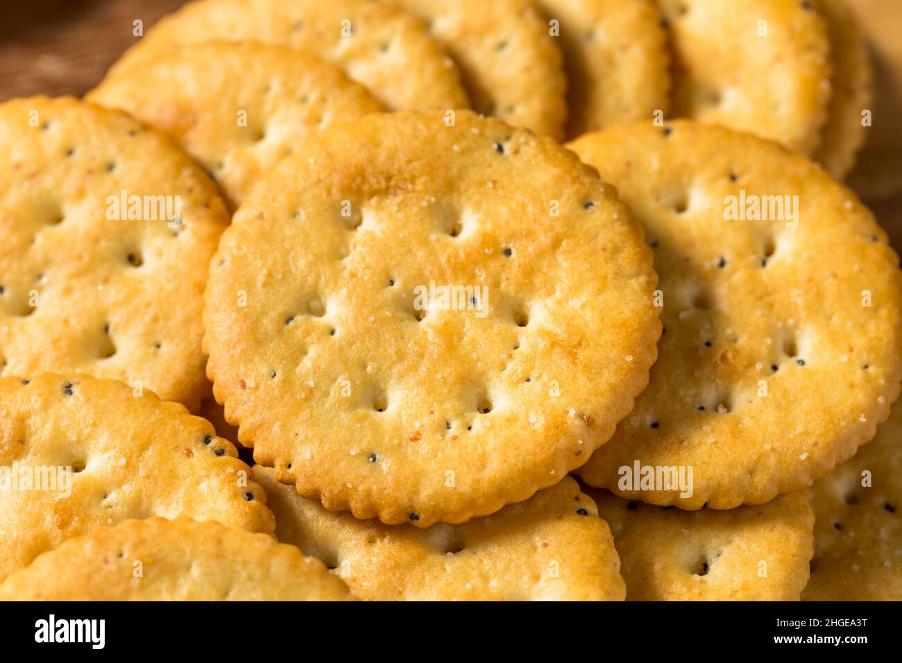 Cracker di grano intero rotondo marrone sano su una piattaforma Foto Stock