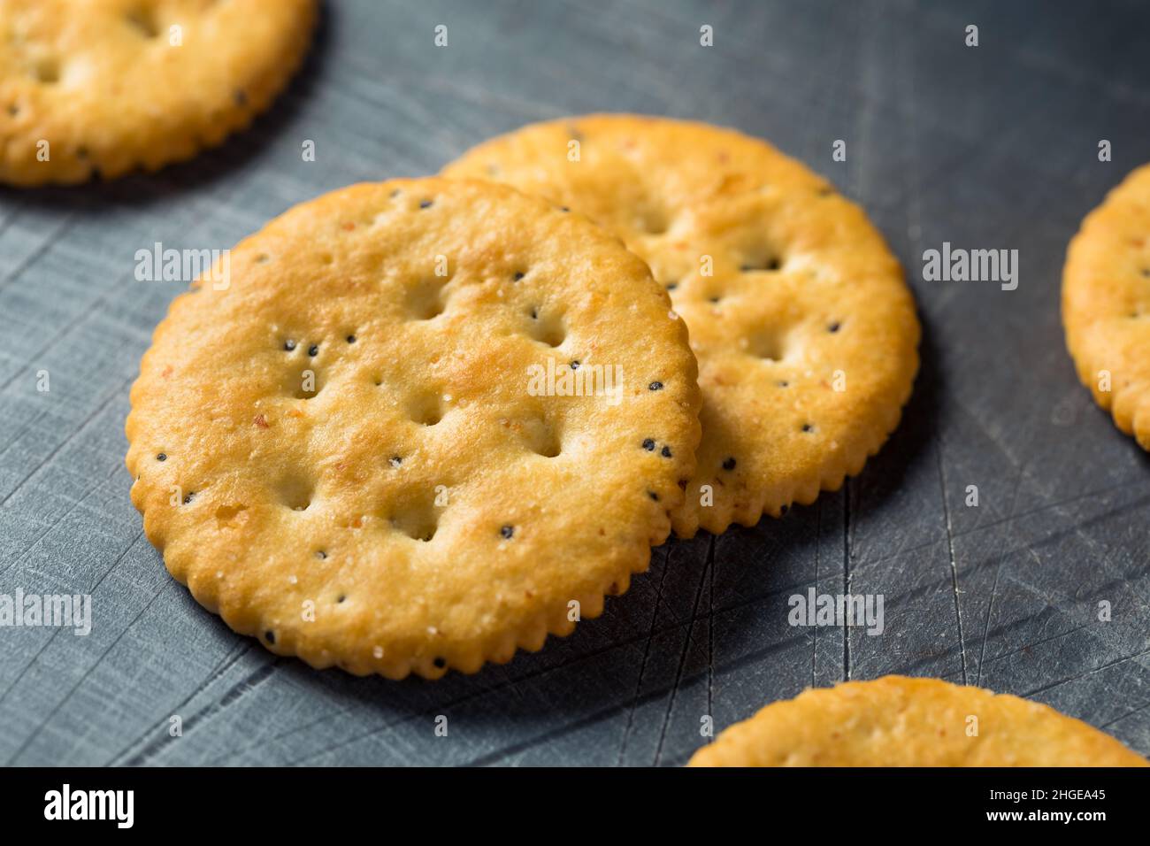 Cracker di grano intero rotondo marrone sano su una piattaforma Foto Stock