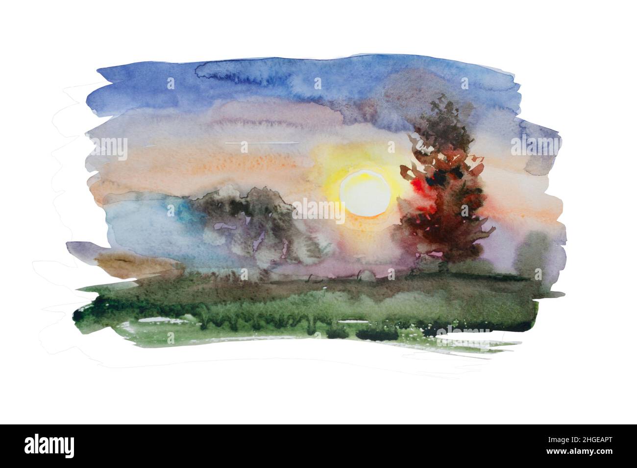 Acquerello paesaggio nebuloso con prato nella nebbia, albero solitario e tramonto, isolato su sfondo bianco Foto Stock