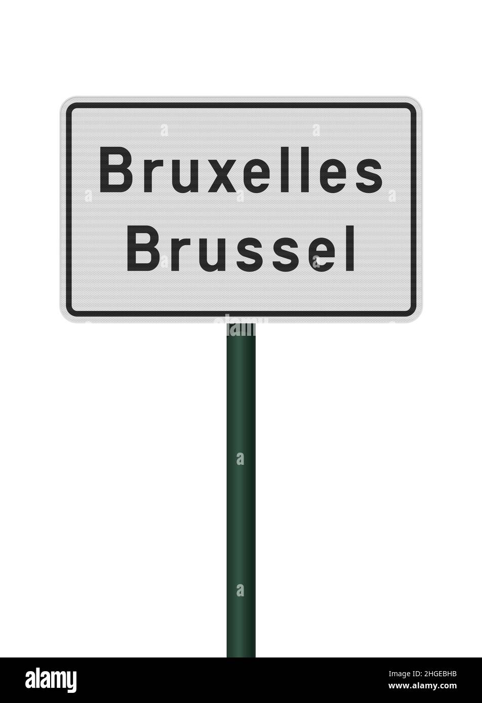 Illustrazione vettoriale della città di Bruxelles (Bruxelles in francese e Bruxelles in olandese) cartello stradale bianco su palo metallico verde Illustrazione Vettoriale
