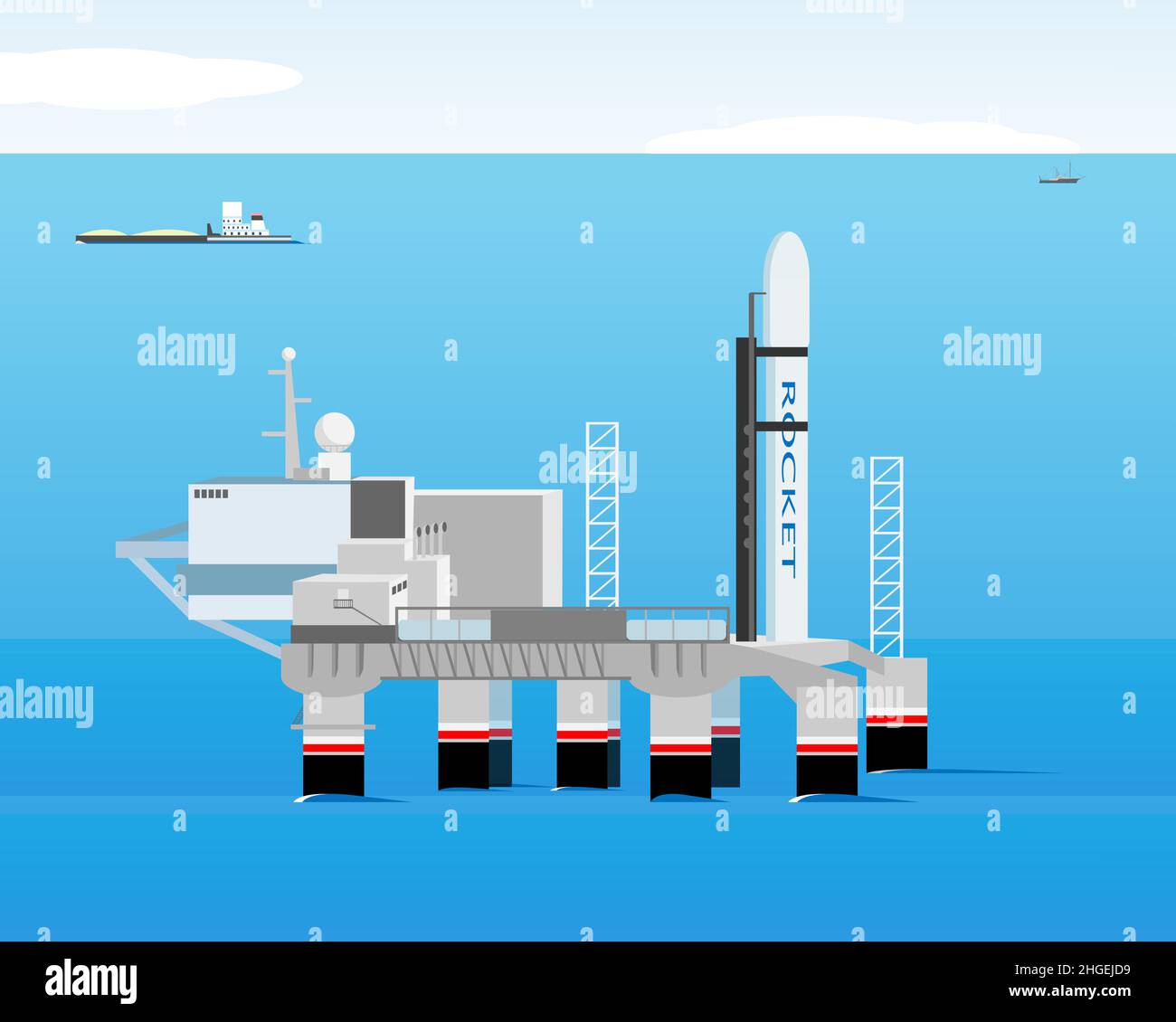 Complesso di lancio di un cosmodromo galleggiante per lanciare razzi dal mare Illustrazione Vettoriale