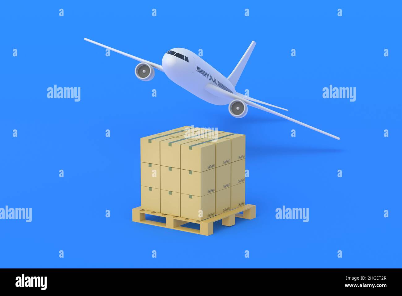 Aeroplano vicino alla pila di scatole sul pallet su sfondo blu. Trasporto internazionale di merci. Logistica globale. Spedizione aerea. Concetto di AirMail. Foto Stock