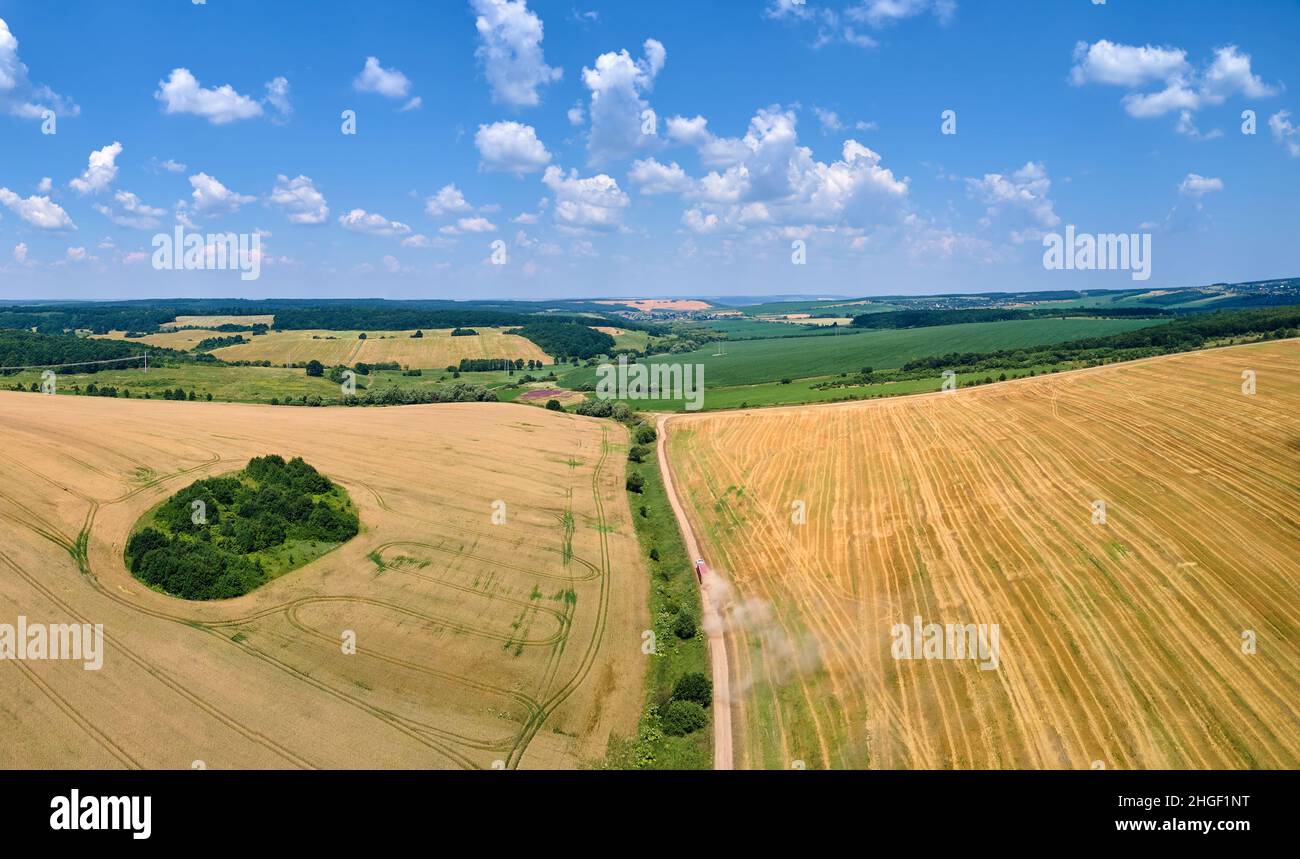 Vista aerea del cargo autocarro che guida su strada sterrata tra campi di grano agricoli. Trasporto di grano dopo essere stato raccolto dalla mietitrebbiatrice harv Foto Stock