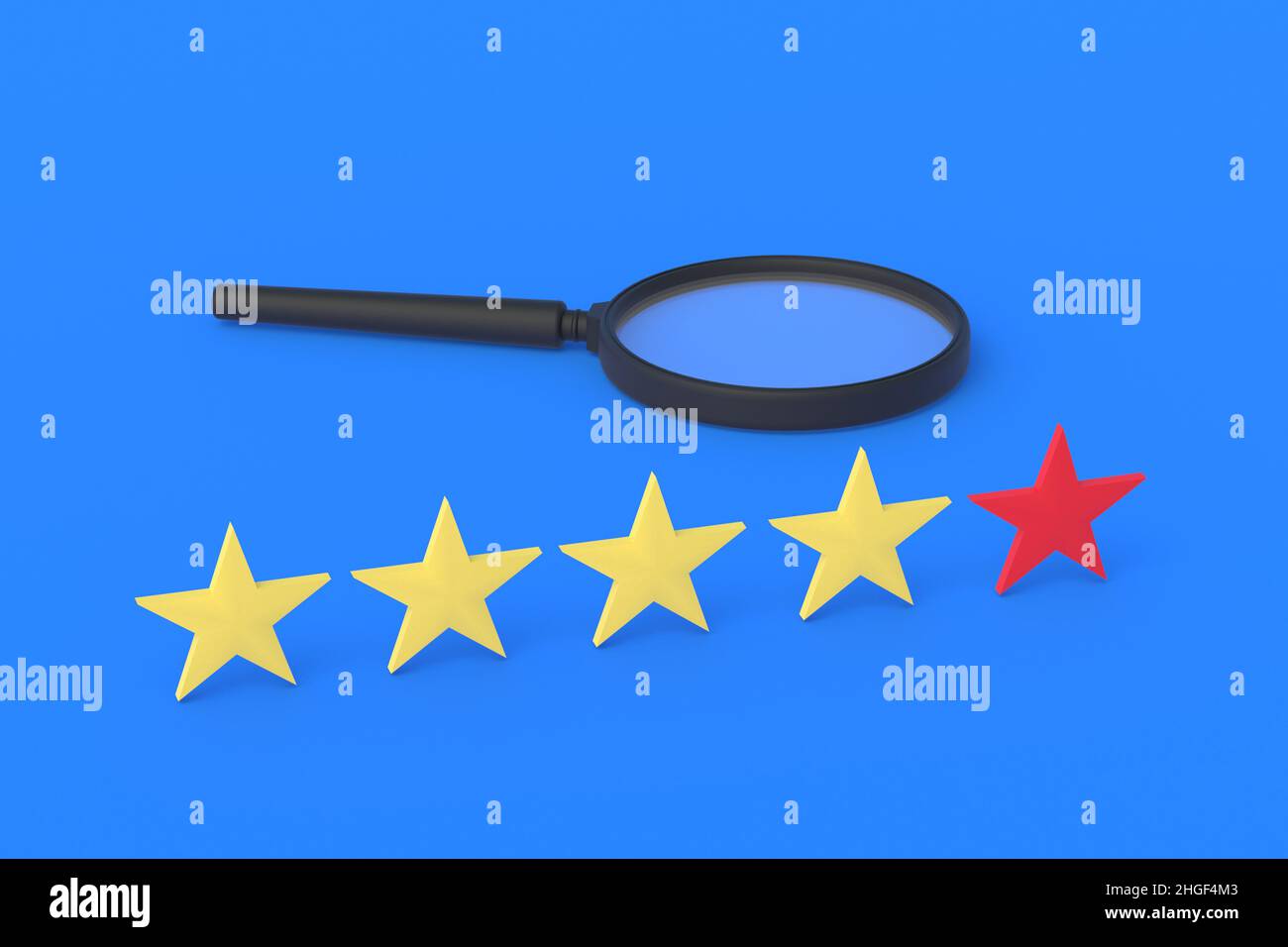 Stelle di valutazione e lente d'ingrandimento. Cerca un hotel, un ristorante di bassa categoria. Ricerca sulla qualità dell'alcol. Feedback su un'app, un filmato, Foto Stock