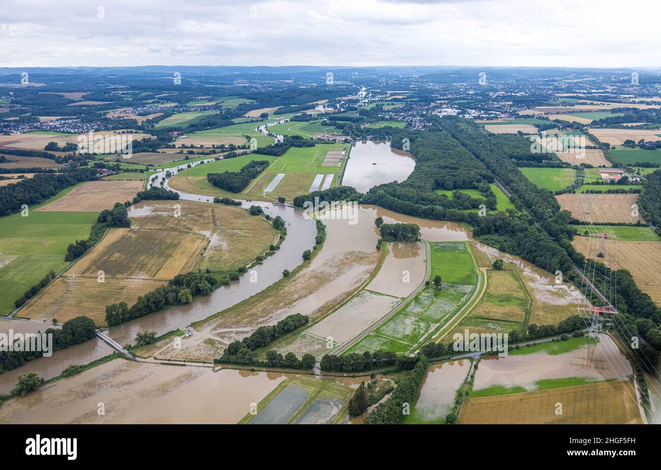 Vista aerea, alluvione della Ruhr, Altendorf, Fröndenberg/Ruhr, area della Ruhr, Renania settentrionale-Vestfalia, Germania, DE, Europa, vista degli uccelli, fotografia aerea, aeri Foto Stock