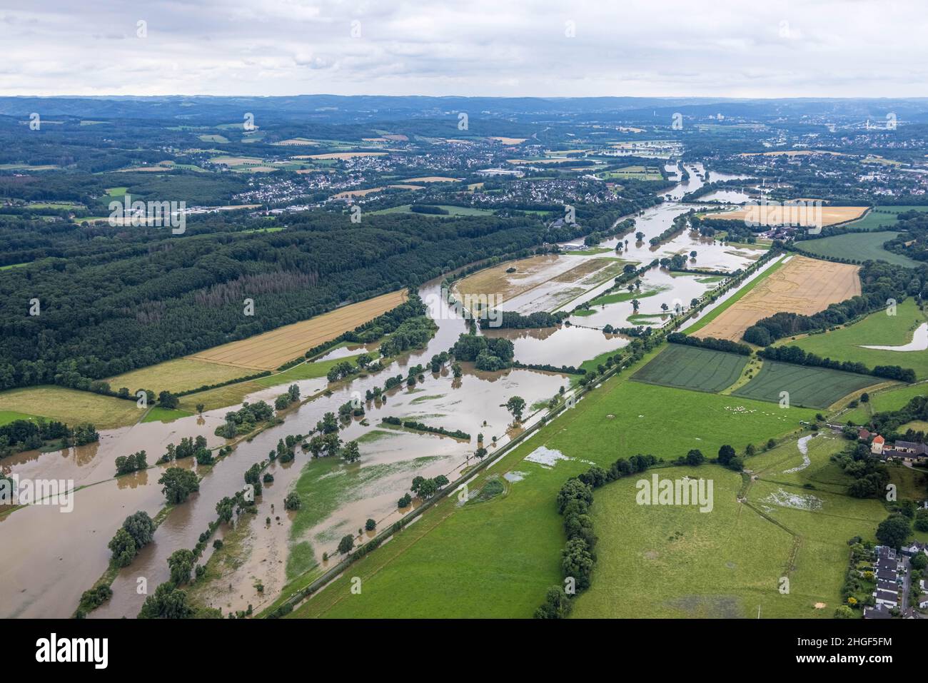 Vista aerea, alluvione della Ruhr, Geisecke, Schwerte, area della Ruhr, Renania settentrionale-Vestfalia, Germania, DE, Europa, vista degli uccelli, fotografia aerea, fotografia aerea Foto Stock