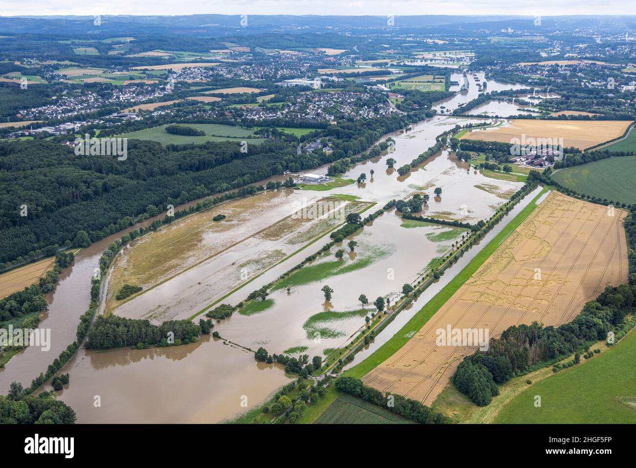 Vista aerea, alluvione della Ruhr, Geisecke, Schwerte, area della Ruhr, Renania settentrionale-Vestfalia, Germania, DE, Europa, vista degli uccelli, fotografia aerea, fotografia aerea Foto Stock