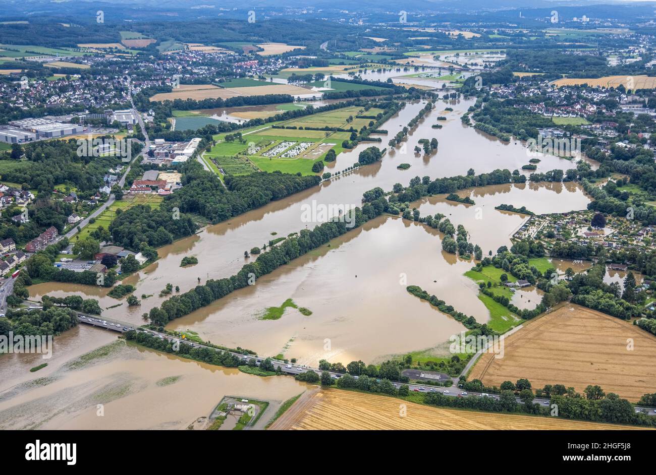 Vista aerea, alluvione della Ruhr, Schwerte, zona della Ruhr, Renania settentrionale-Vestfalia, Germania, DE, Europa, vista degli uccelli, fotografia aerea, fotografia aerea, Foto Stock