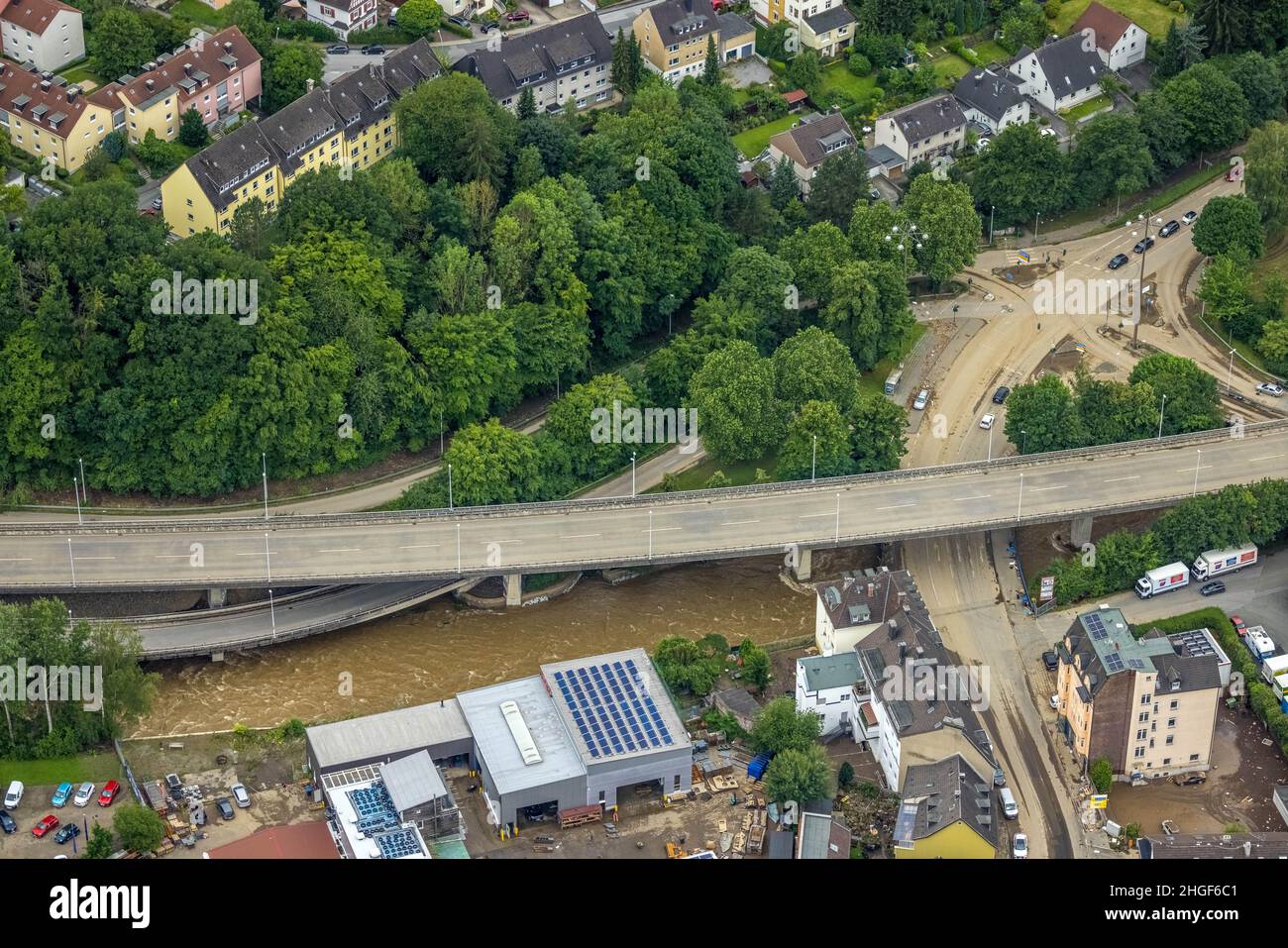 Foto aerea, alluvione Volme, alluvione, Eilpe, Hagen, Zona della Ruhr, Renania settentrionale-Vestfalia, Germania, Luftbild, Volmehochwasser, Überschwemmung, Emst, Hagen Foto Stock