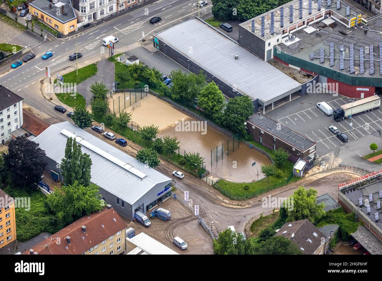 Foto aerea, alluvione Volme, alluvione, Eilpe, Hagen, Zona della Ruhr, Renania settentrionale-Vestfalia, Germania, Uftbild, Volmehochwasser, Überschwemmung, Mittelstadt Foto Stock