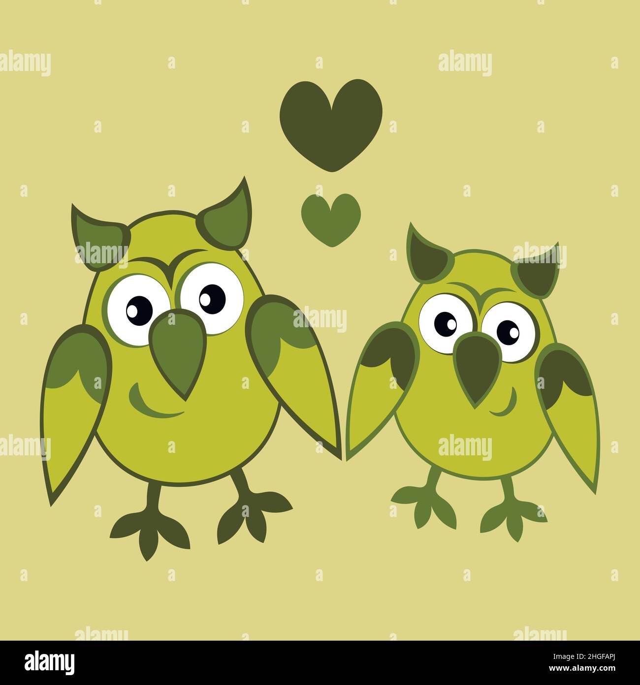 Illustrazione su sfondo quadrato - due gufi innamorati del cuore. Uccelli cartoni animati. Pastiche. Disegno figli. Elemento di design di libri, taccuini, cartoline, articoli per interni Illustrazione Vettoriale