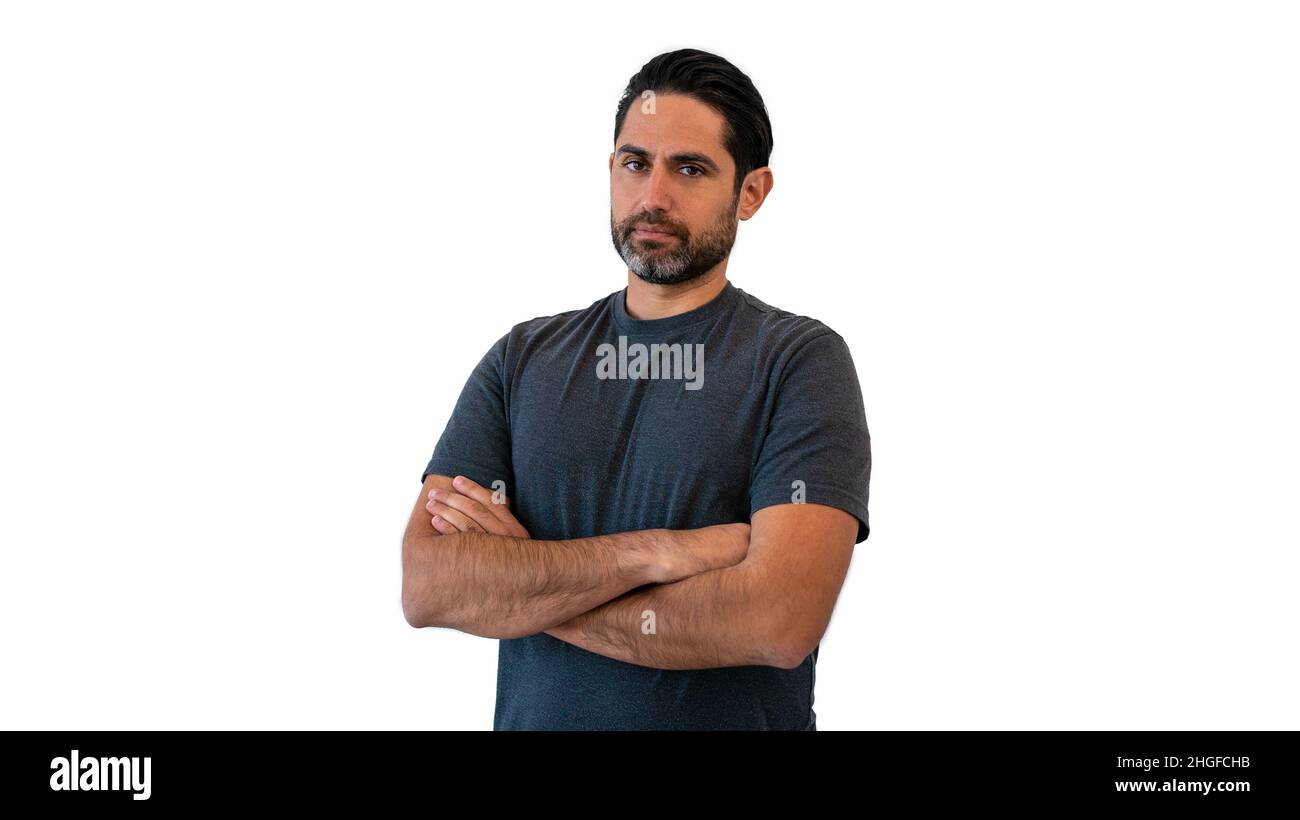 Ritratto di bell'uomo che pensa provare a risolvere il problema posa su sfondo isolato. Bell'uomo caucasico Foto Stock