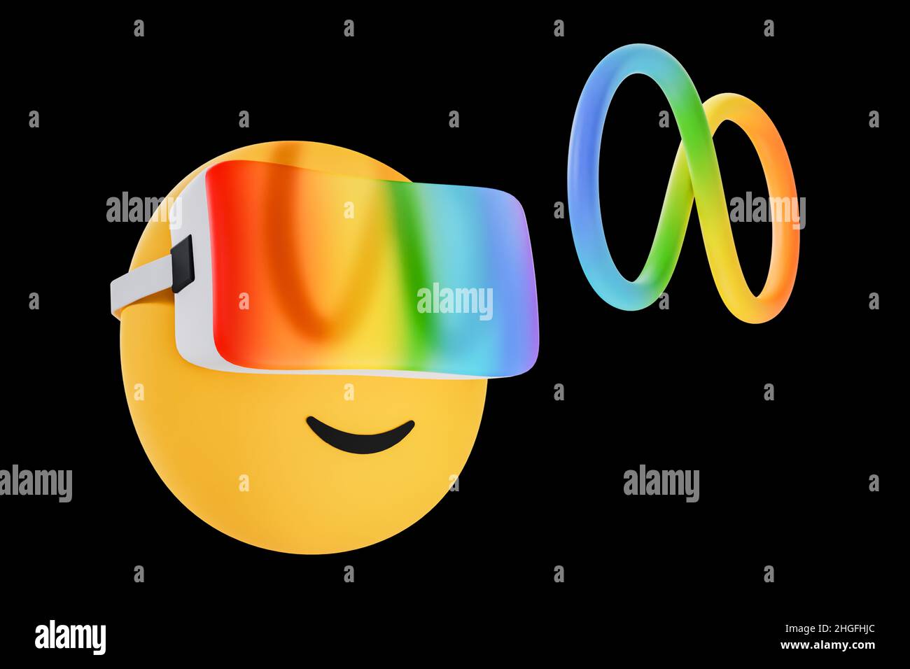Emoji in visore per realtà virtuale con simbolo Infinity che visualizza il concetto di metaverse, illustrazione 3D Foto Stock