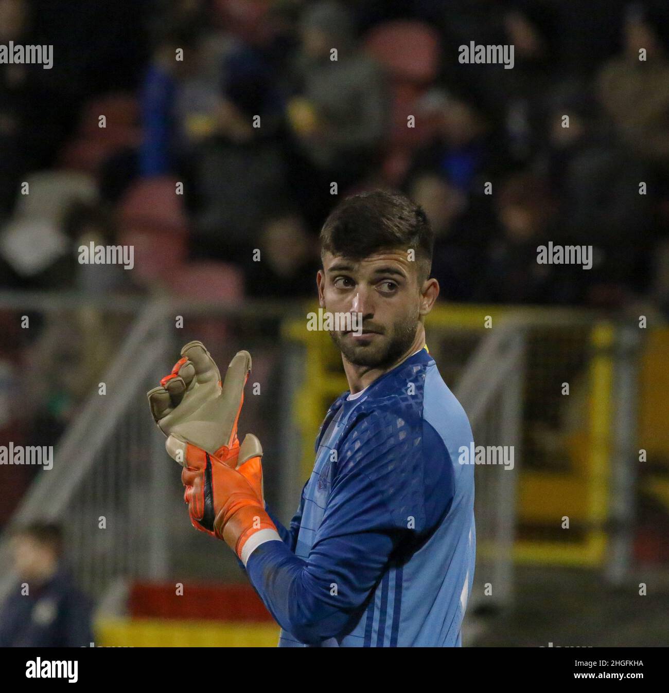 Shamrock Park, Portadown, Irlanda del Nord Regno Unito. 22 marzo 2018. Calcio Internazionale - 2019 UEFA Under 21 Championship Qualifier - Gruppo 2 - Irlanda del Nord / Spagna. Il portiere spagnolo Antonio Sivera (1) Foto Stock