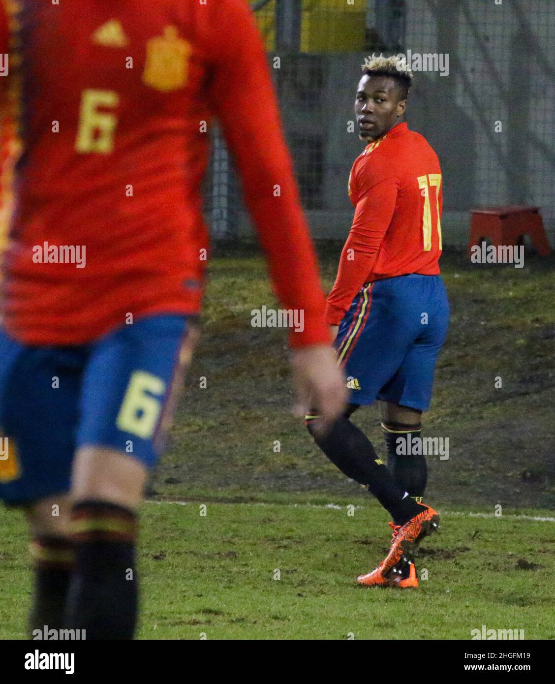 Shamrock Park, Portadown, Irlanda del Nord Regno Unito. 22 marzo 2018. Calcio Internazionale - 2019 UEFA Under 21 Championship Qualifier - Gruppo 2 - Irlanda del Nord / Spagna. Adama Traore in Spagna (17) Foto Stock