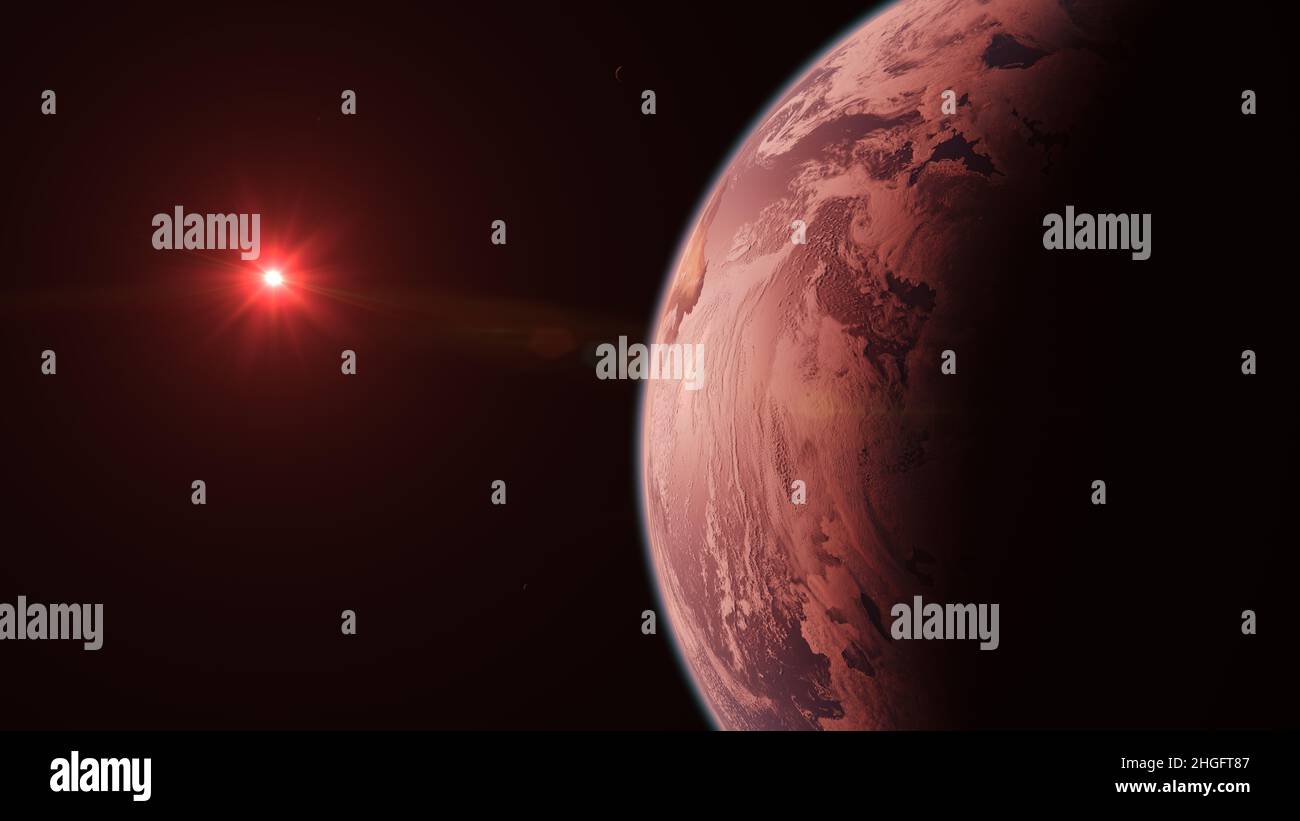 TRAPPIST-1D Alien Livable Habitable Exoplanet bloccato orbitare raffreddamento Red Dwarf Star nello spazio con lune Foto Stock