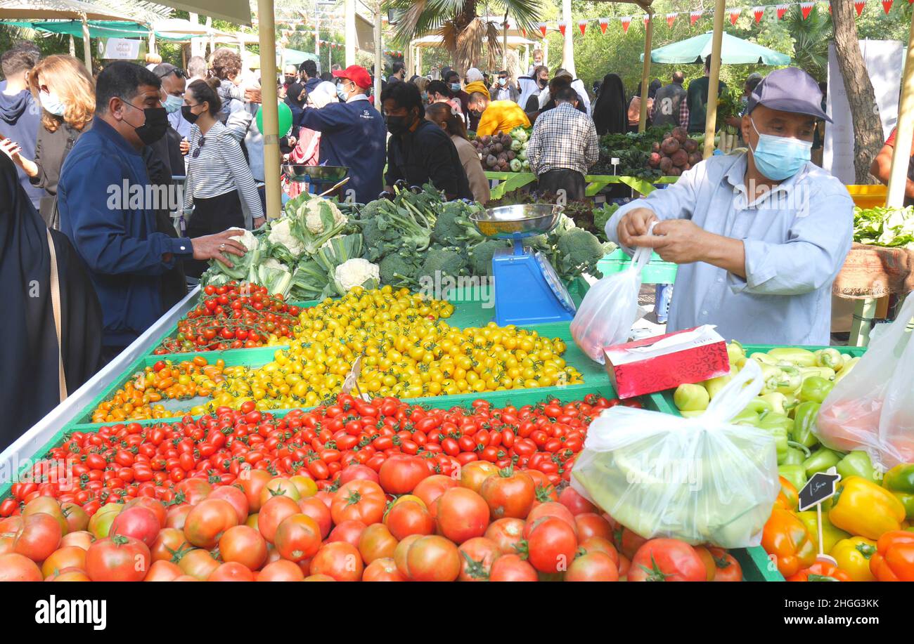 Il mercato agricolo durante la pandemia di Covid, che si tiene presso il giardino botanico Budaiya, Regno del Bahrain Foto Stock