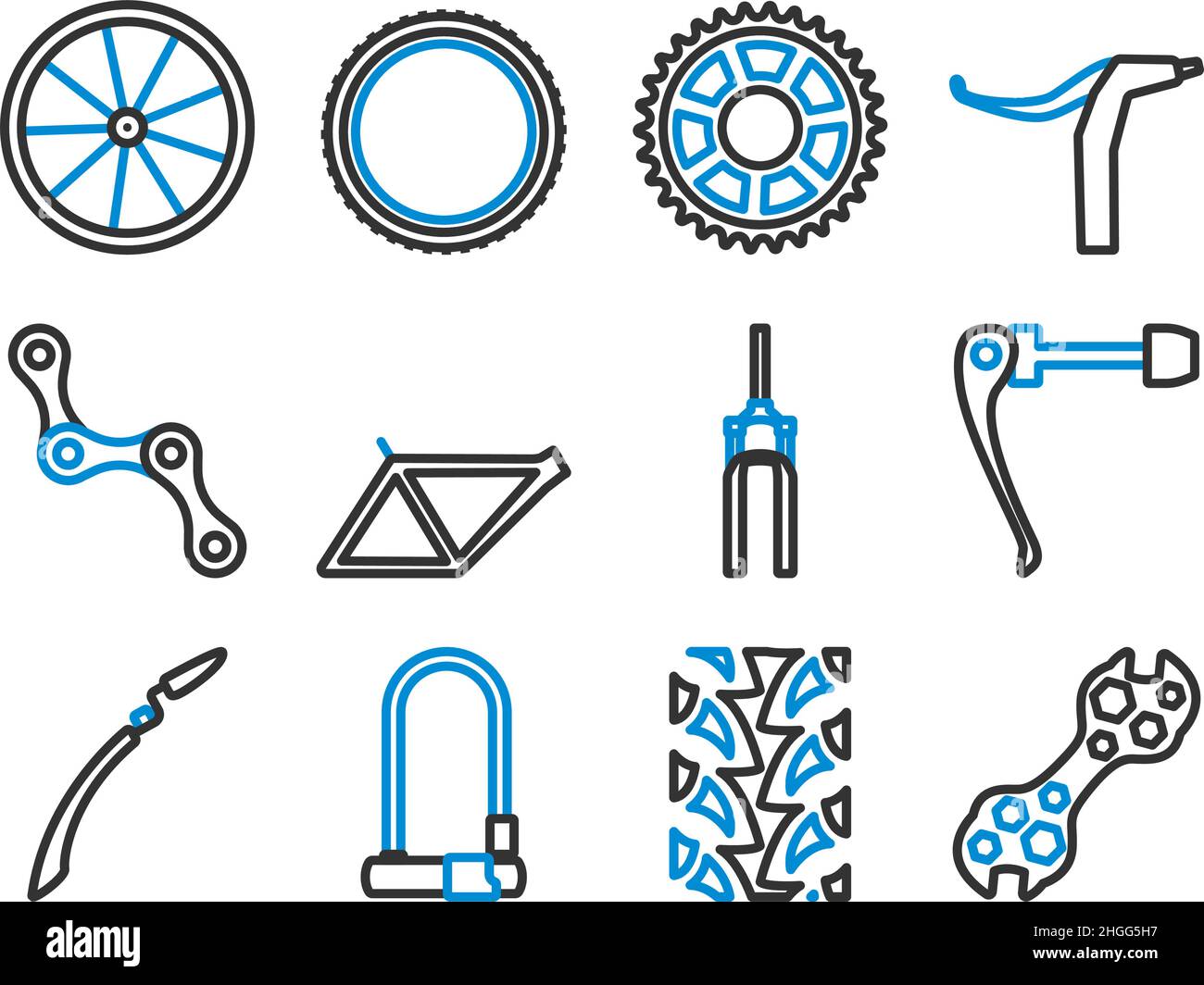 Set di icone bici. Contorno grassetto modificabile con disegno riempimento colore. Illustrazione vettoriale. Illustrazione Vettoriale