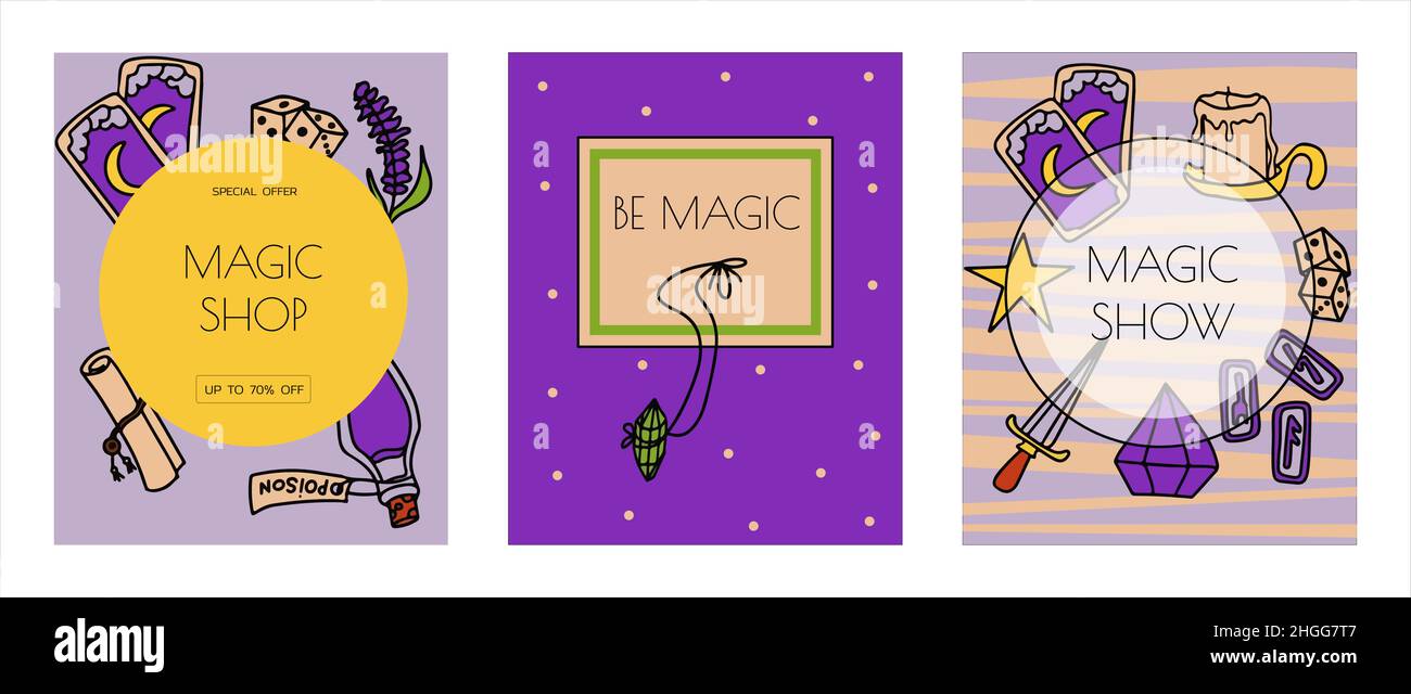 Striscioni magici disegnati a mano. Icone vettoriali di oggetti magici. Collezione Halloween Elements. Scopa magica, pozioni, carte che raccontano fortuna, rune, libri Illustrazione Vettoriale