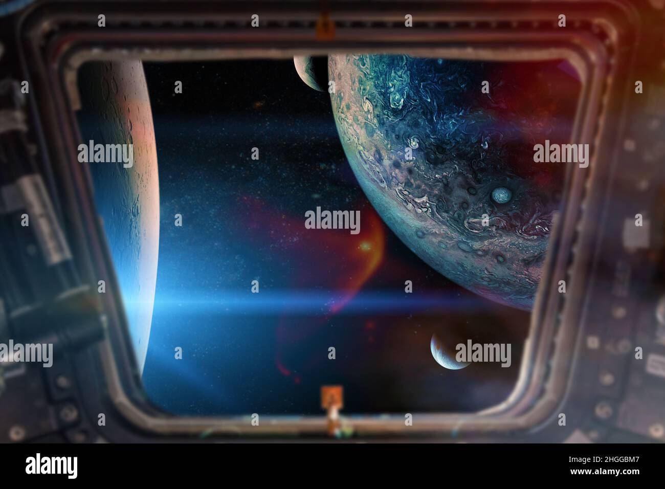 Pianeti alieni vista da un oblò di veicolo spaziale. Elementi di questa immagine forniti dalla NASA. Foto Stock