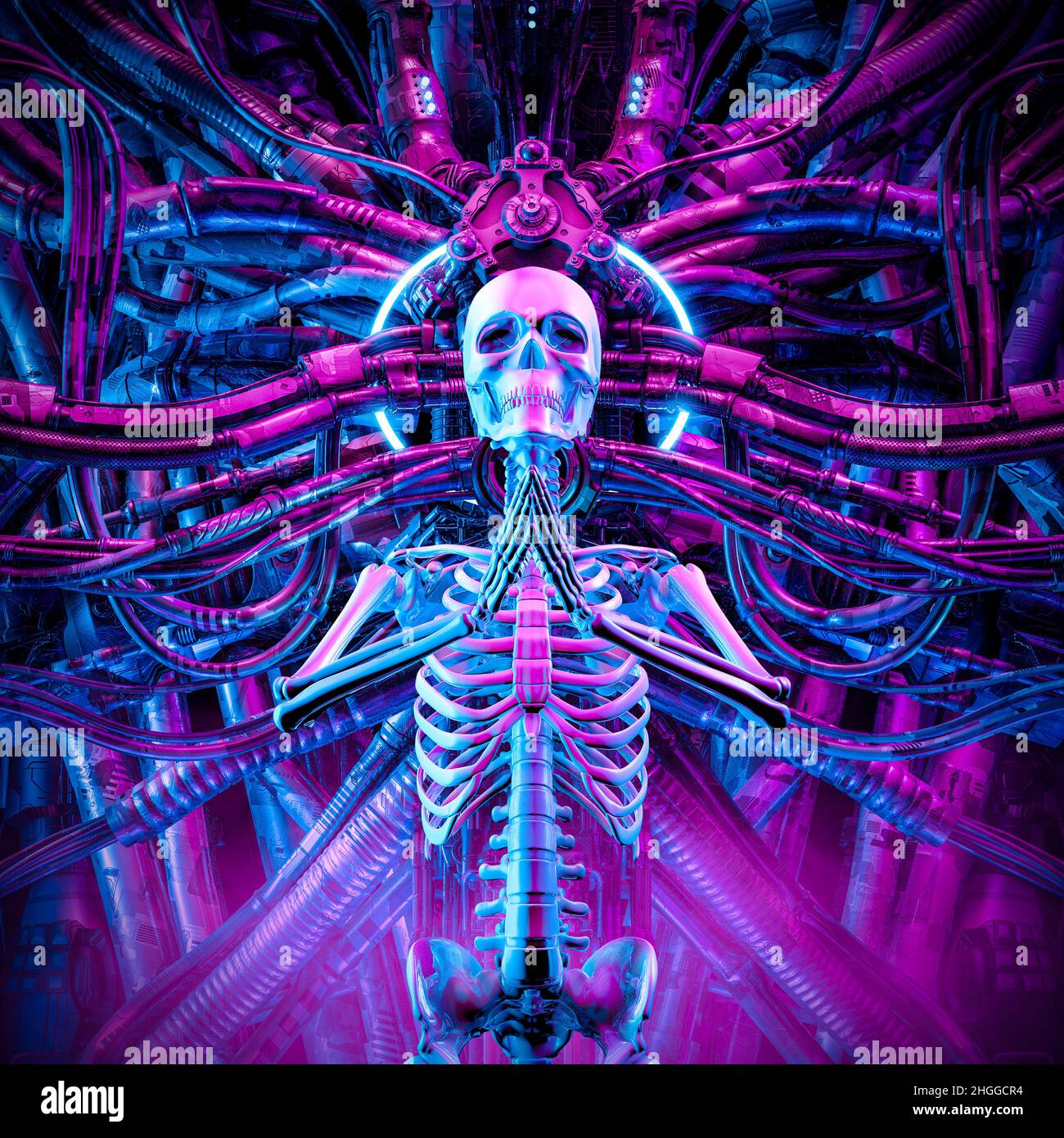 Cyberpunk digital halo scheletro - 3D illustrazione della fantascienza recita meditando la figura scheletrica cablata a complessi macchinari alieni Foto Stock