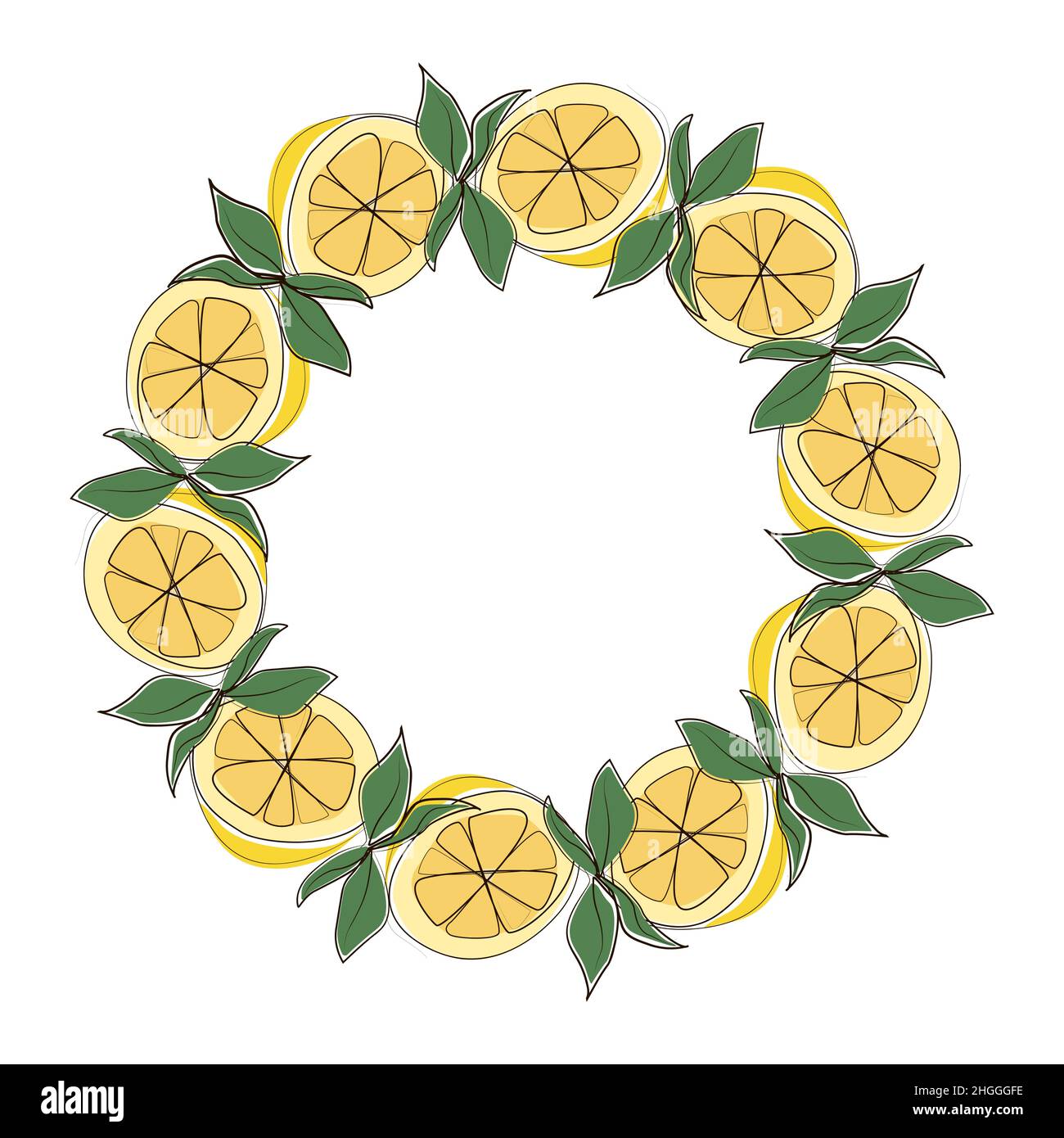 Delizioso limone, raccolto in una composizione circolare su sfondo bianco. Cornice rotonda di frutti esotici e da giardino. Nutrizione naturale sana Illustrazione Vettoriale