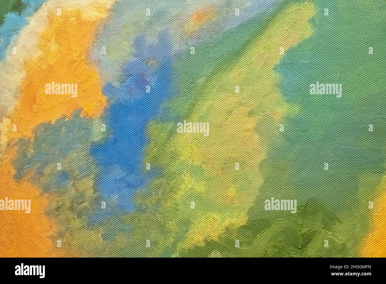 Astratto arte sfondo verde e arancione colori. Pittura ad acquerello su tela con sfumatura blu tenue. Frammento di disegno su carta con motivo. Tex Foto Stock