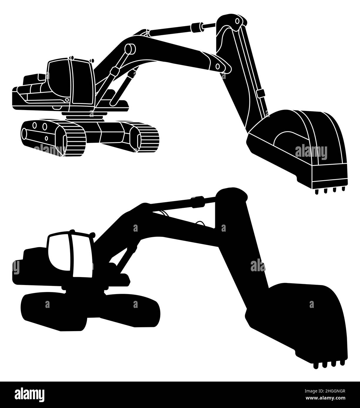 Silhouette di escavatori pesanti per costruzioni e lavori di terra in lineare. Macchinari e attrezzature industriali. Vettore isolato su bianco Illustrazione Vettoriale
