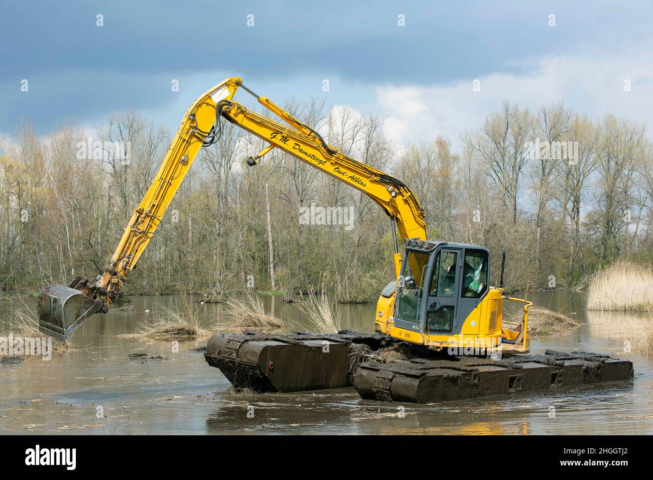Escavatore a pala in pianura allagata, lavori di costruzione per la protezione contro le inondazioni, Belgio, Fiandre Orientali, Berlare, Berlare Broek Foto Stock