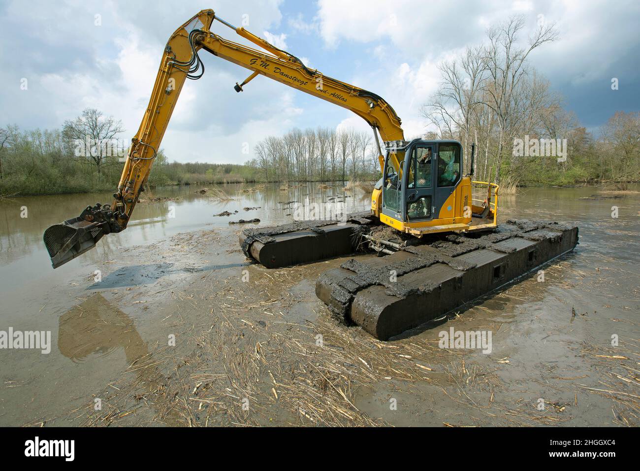Escavatore a pala in pianura allagata, lavori di costruzione per la protezione contro le inondazioni, Belgio, Fiandre Orientali, Berlare, Berlare Broek Foto Stock