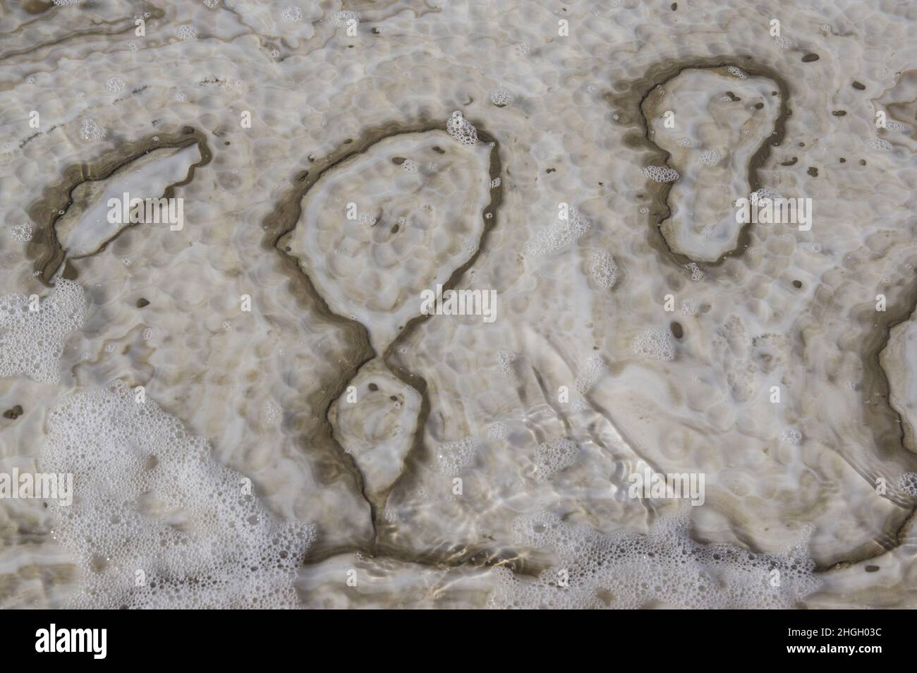 Formazioni saline nel Mar Morto in Giordania, Medio Oriente. Sale cristalli acqua salina sedimentazione al posto più basso, lago più basso sulla terra. Foto Stock
