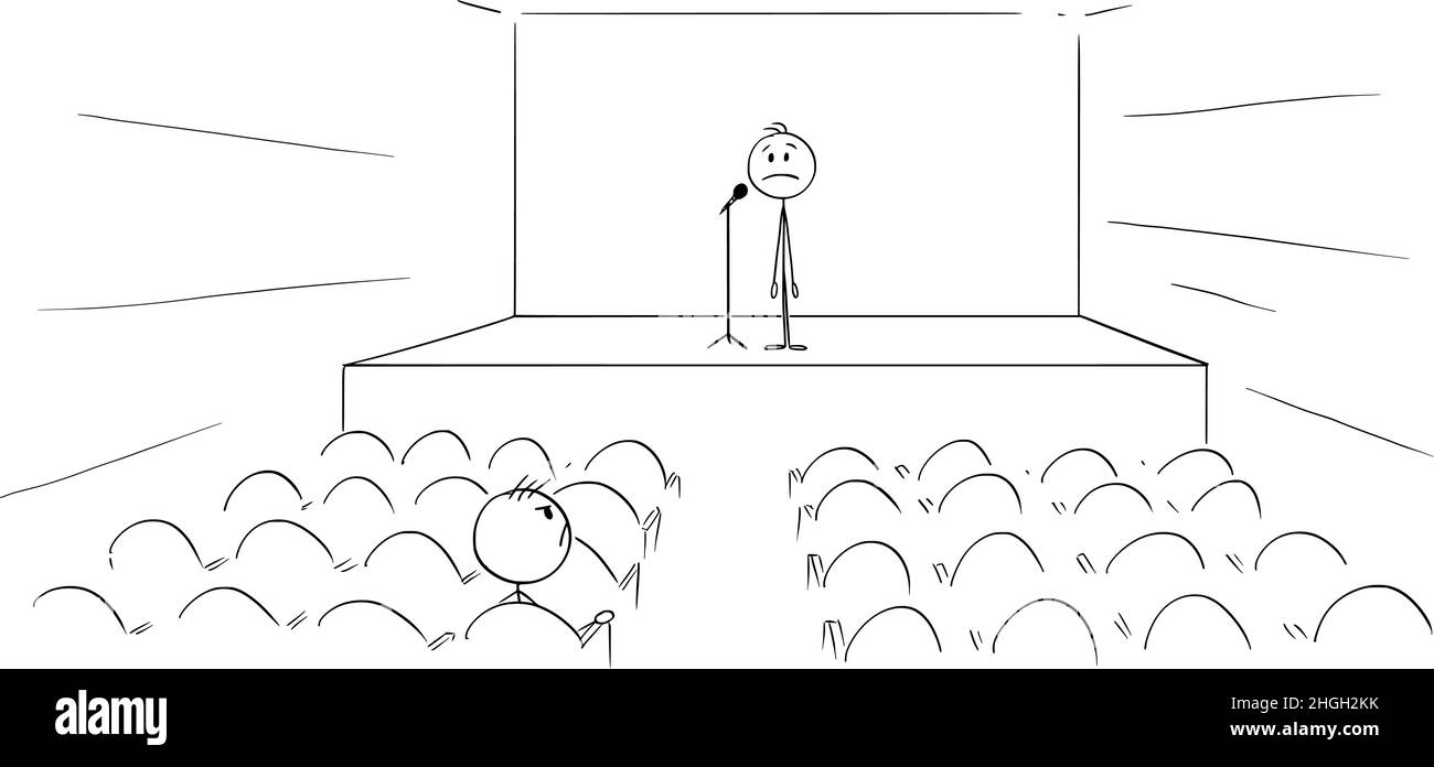Persona, relatore, attore, cantante o uomo d'affari in piedi nella sala o nel teatro quasi vuoto della conferenza, illustrazione del bastone del Vector Cartoon Illustrazione Vettoriale