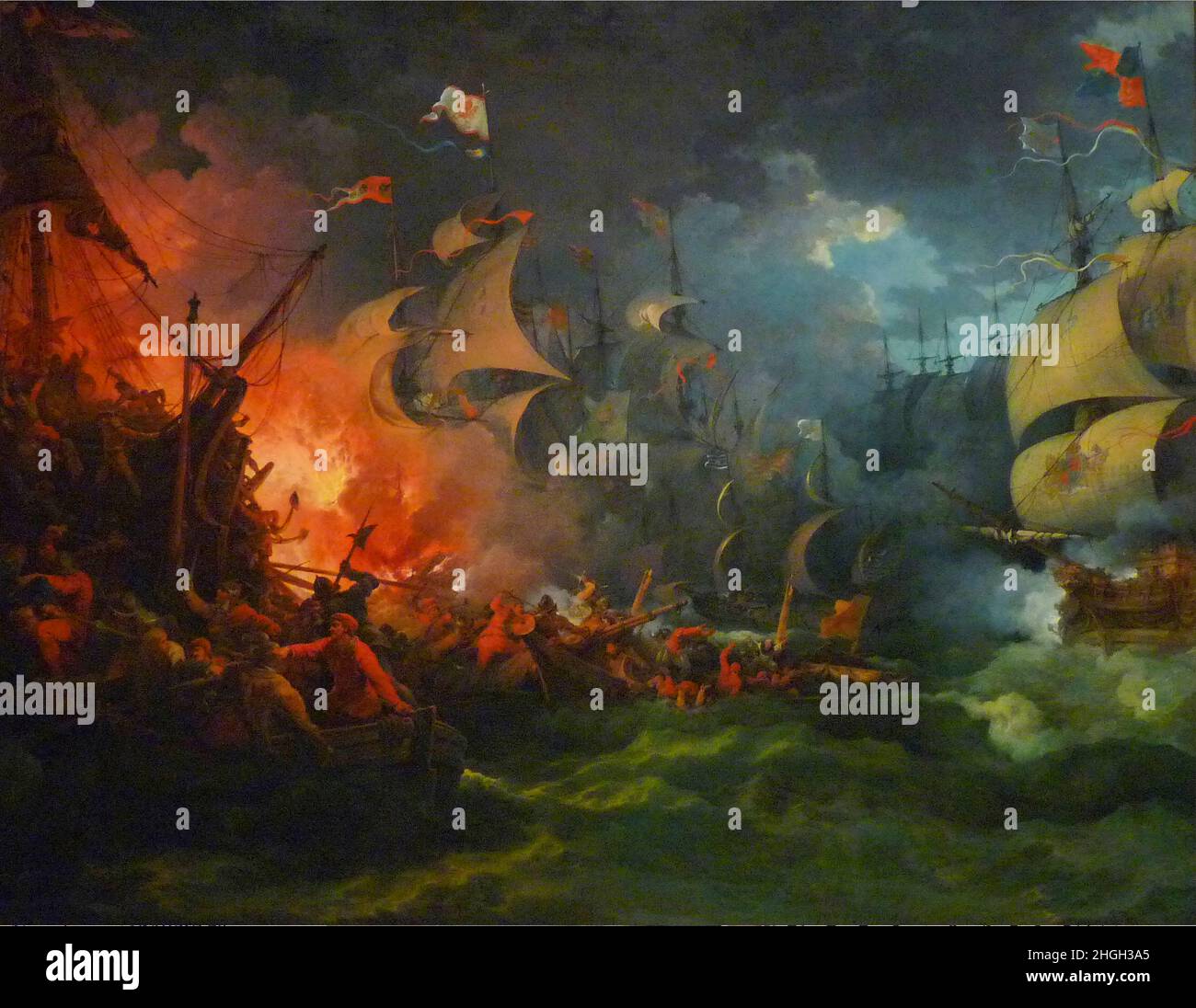 La spagnola Armada, una flotta spagnola degli Asburgo di 130 navi salpò da Lisbona nel 1588 allo scopo di scortare un esercito dalle Fiandre per invadere l'Inghilterra e rovesciare la regina Elisabetta i e la sua istituzione di protestantesimo in Inghilterra; per fermare l'interferenza inglese nei Paesi Bassi spagnoli; E terminare le navi private inglesi e olandesi che sconvolgono gli interessi spagnoli nelle Americhe. Le navi da guerra inglesi erano più veloci e manovrabili dei grandi galeoni spagnoli, consentendo loro di sparare sull'Armada senza perdite e il maltempo finì fuori dal lavoro. Foto Stock